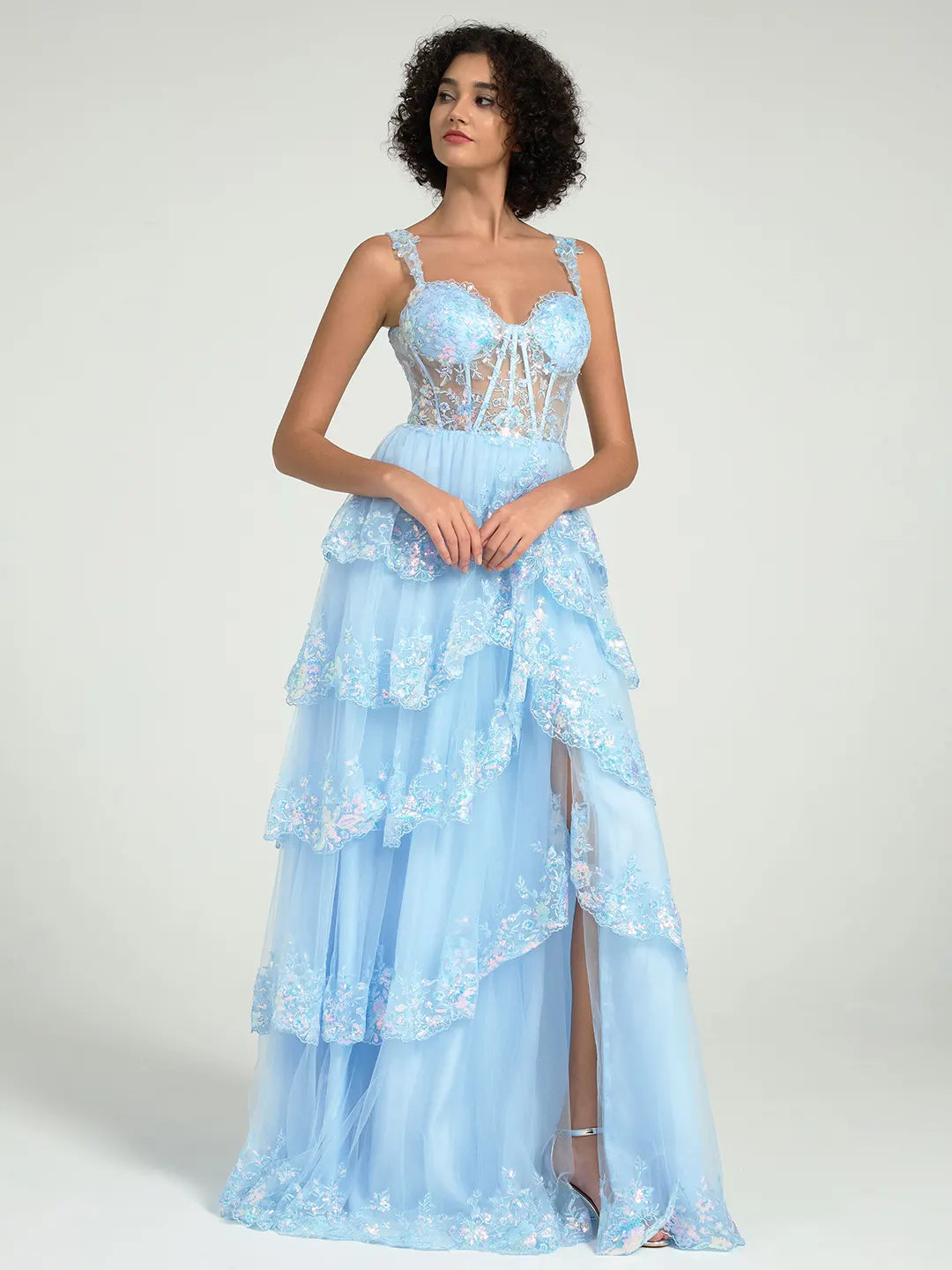 A-Line Embroidered Lace Evening Gown with V-Back & Train - Prom Dress