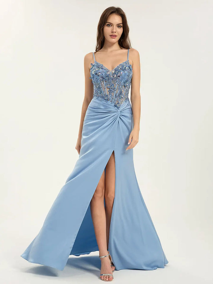 Beaded & Sequin Corset Satin Gown with Open Back