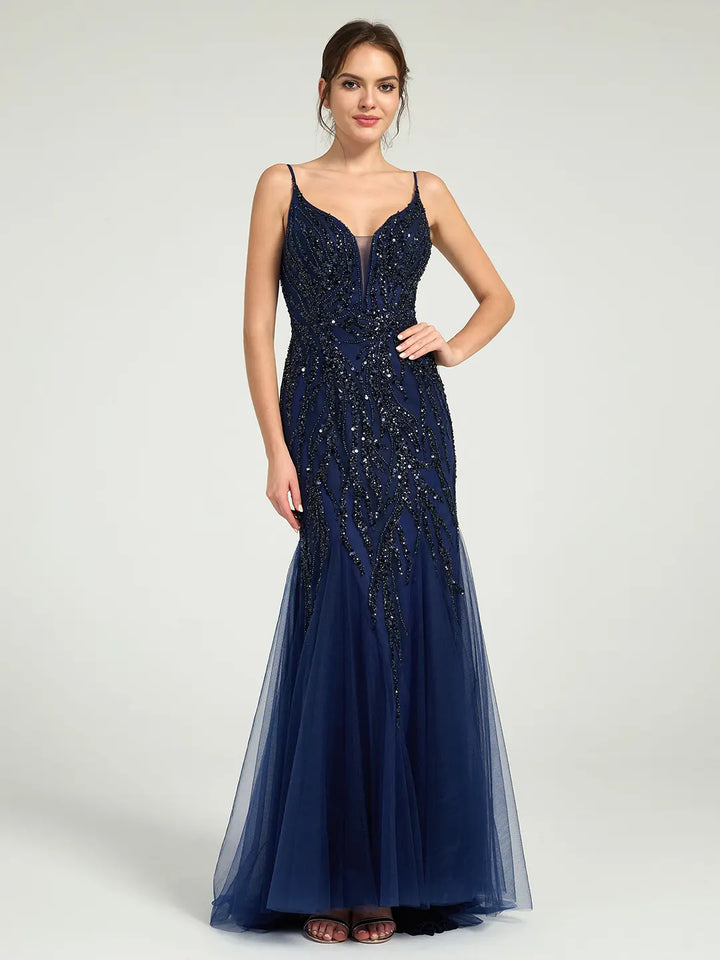 Beaded Spaghetti Strap Tulle Trumpet Gown with Plunge Neckline & Sweep Train