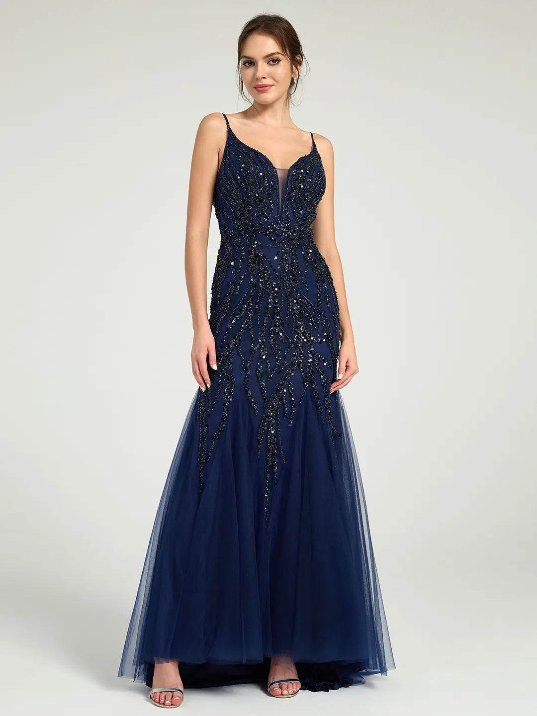 Beaded Spaghetti Strap Tulle Trumpet Gown with Plunge Neckline & Sweep Train
