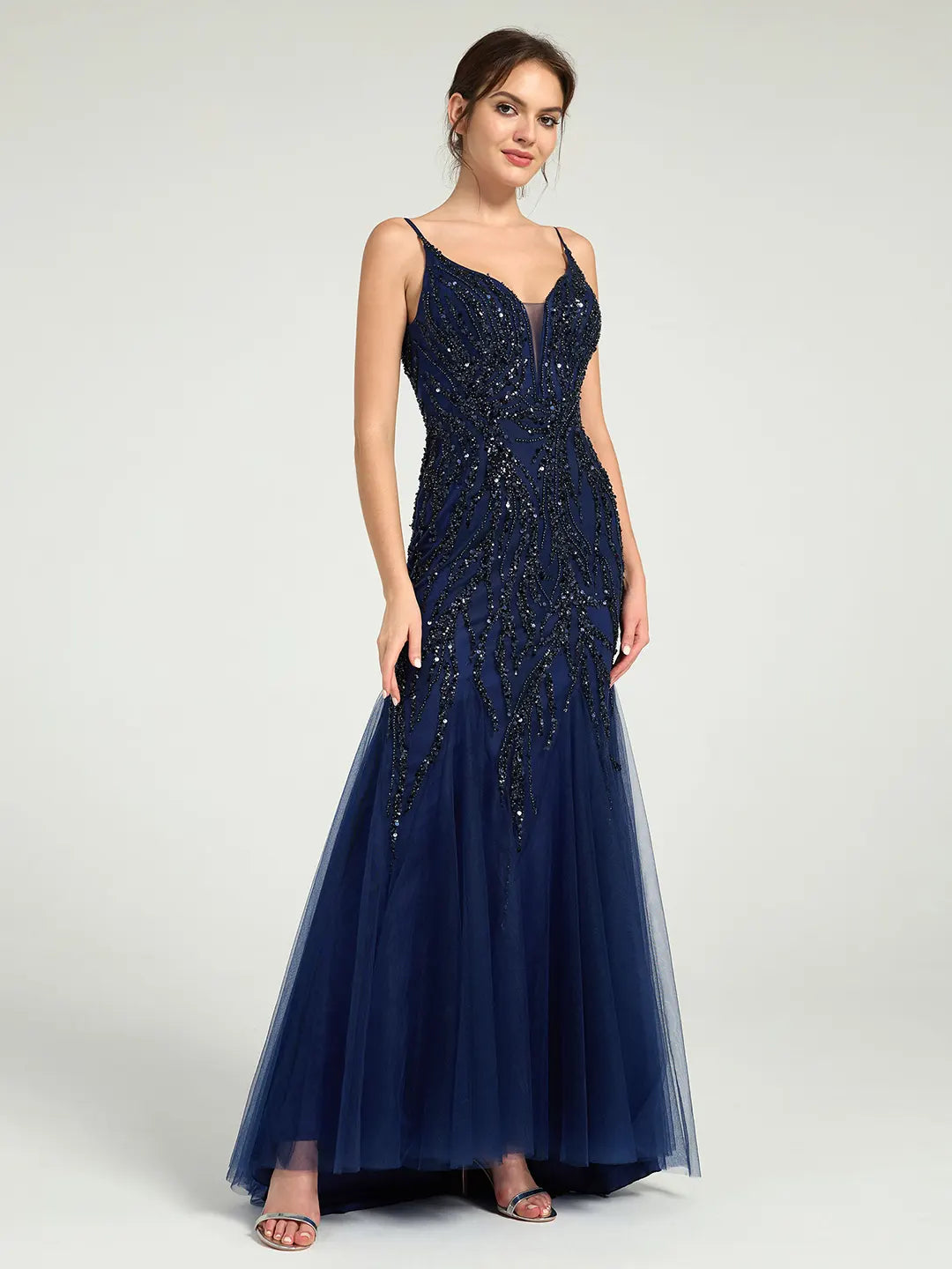 Beaded Spaghetti Strap Tulle Trumpet Gown with Plunge Neckline & Sweep Train