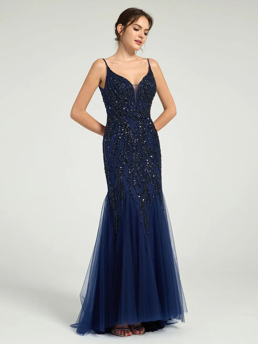 Beaded Spaghetti Strap Tulle Trumpet Gown with Plunge Neckline & Sweep Train