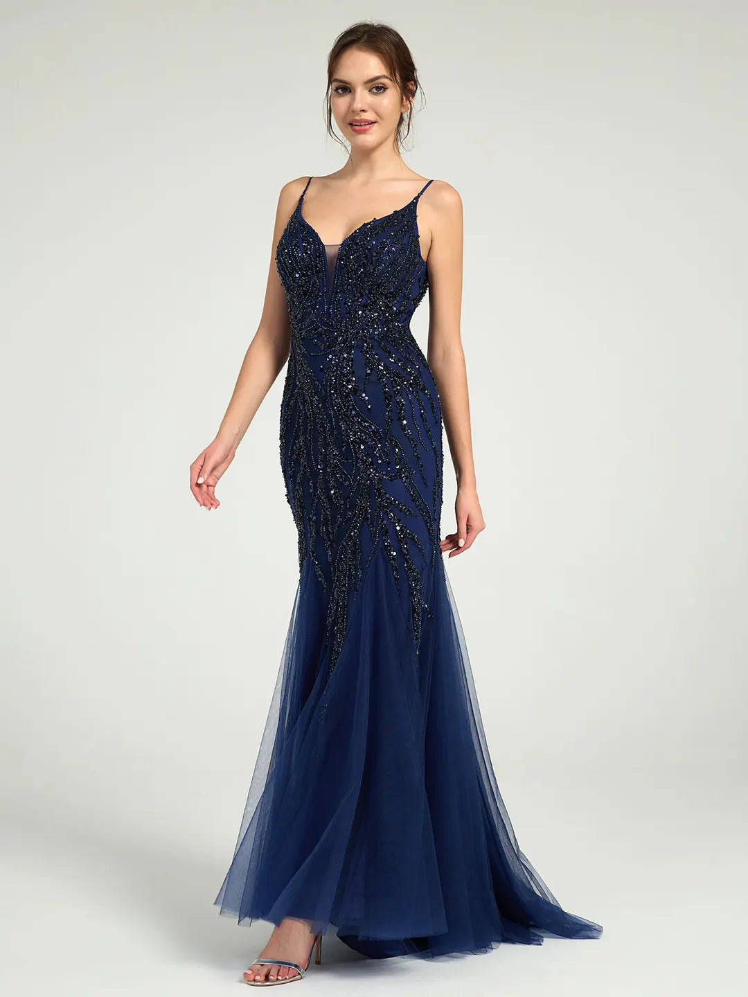 Beaded Spaghetti Strap Tulle Trumpet Gown with Plunge Neckline & Sweep Train