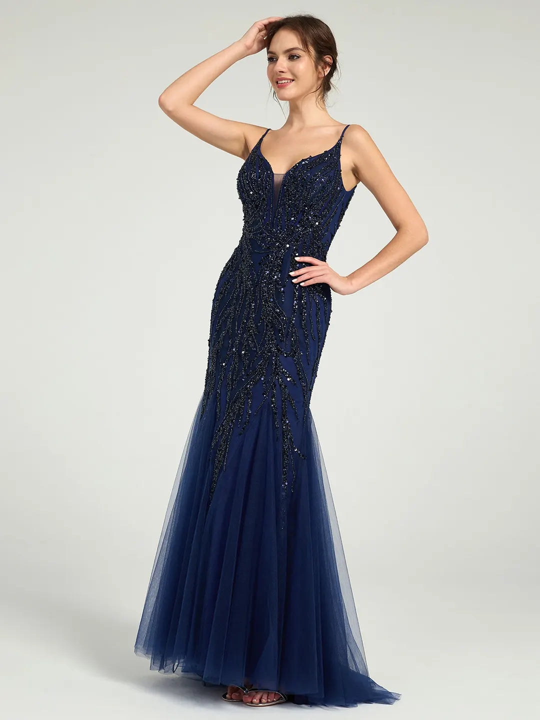 Beaded Spaghetti Strap Tulle Trumpet Gown with Plunge Neckline & Sweep Train