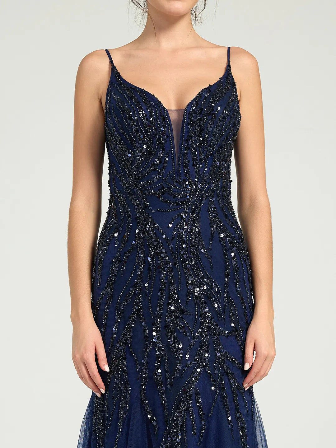 Beaded Spaghetti Strap Tulle Trumpet Gown with Plunge Neckline & Sweep Train