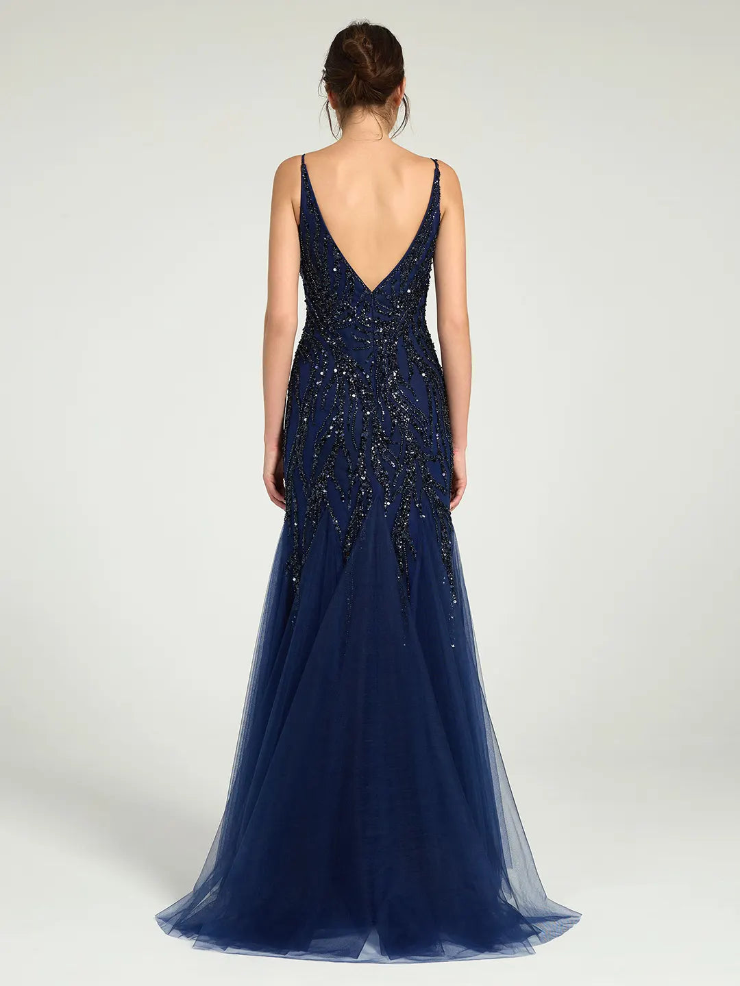 Beaded Spaghetti Strap Tulle Trumpet Gown with Plunge Neckline & Sweep Train