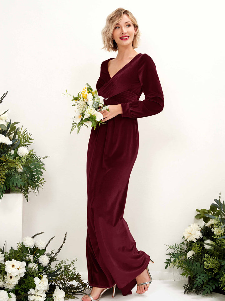 Carlyna Camille Sheath Burgundy Velvet Bridesmaid Dress Maxi Long Sleeve V-Neck  