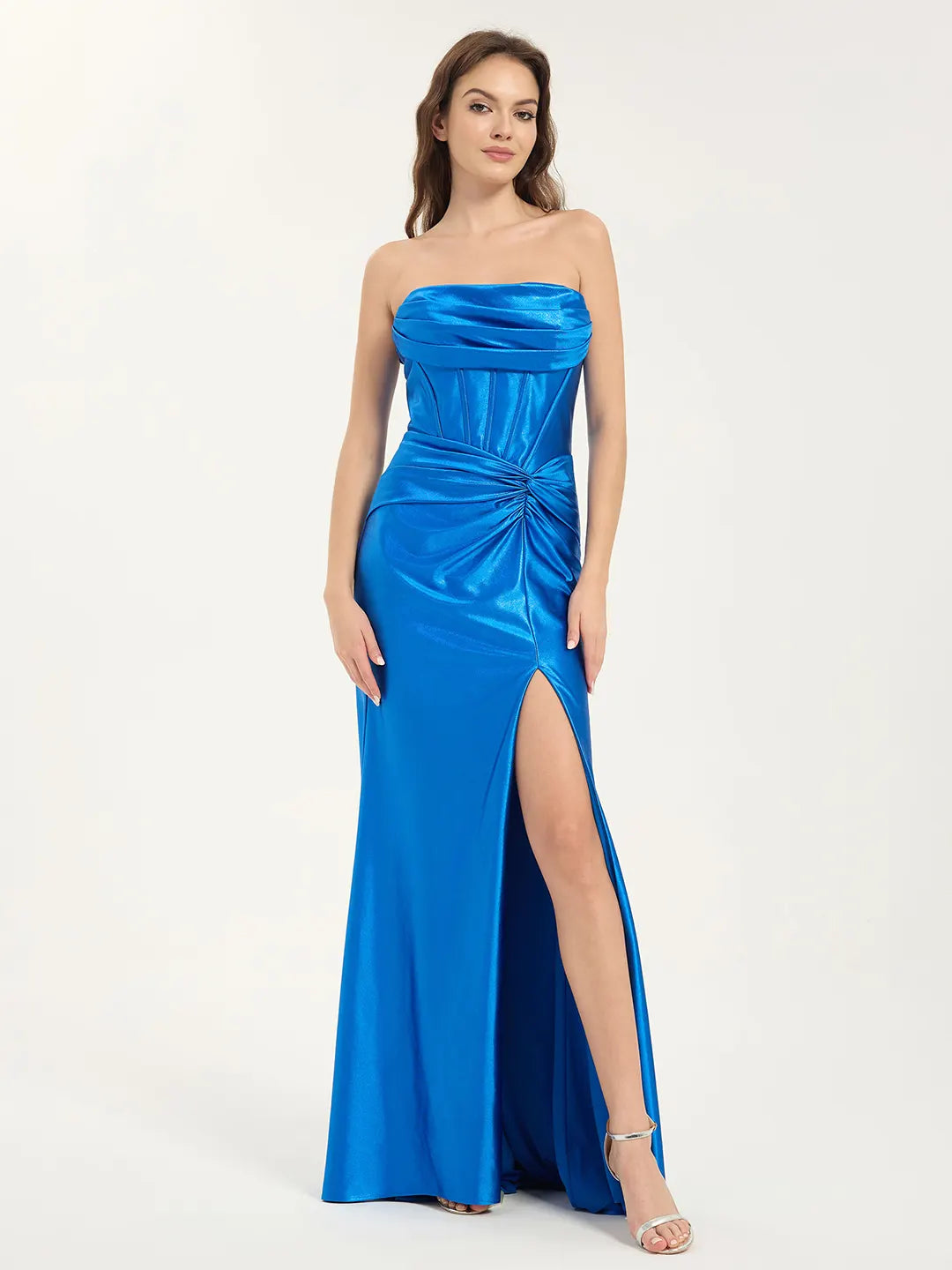 Cowl Neck A-Line Maxi Dress with Waist Pleats and Leg Slit in Metallic Stretch Satin