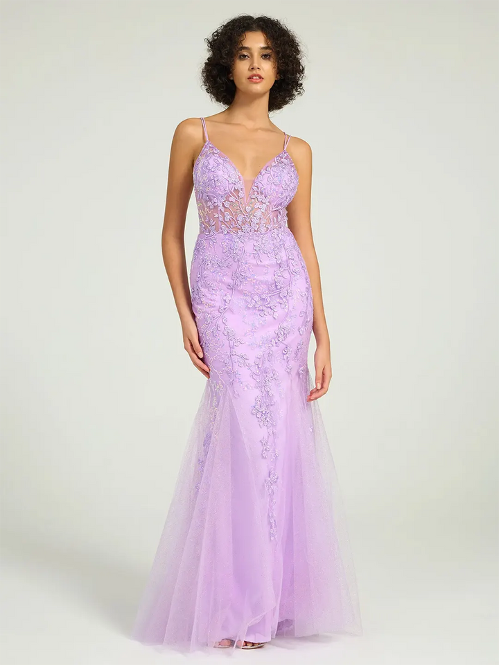 V-Neck Lace-Up Mermaid Tulle Maxi Formal Prom Dress with Sequin Lace