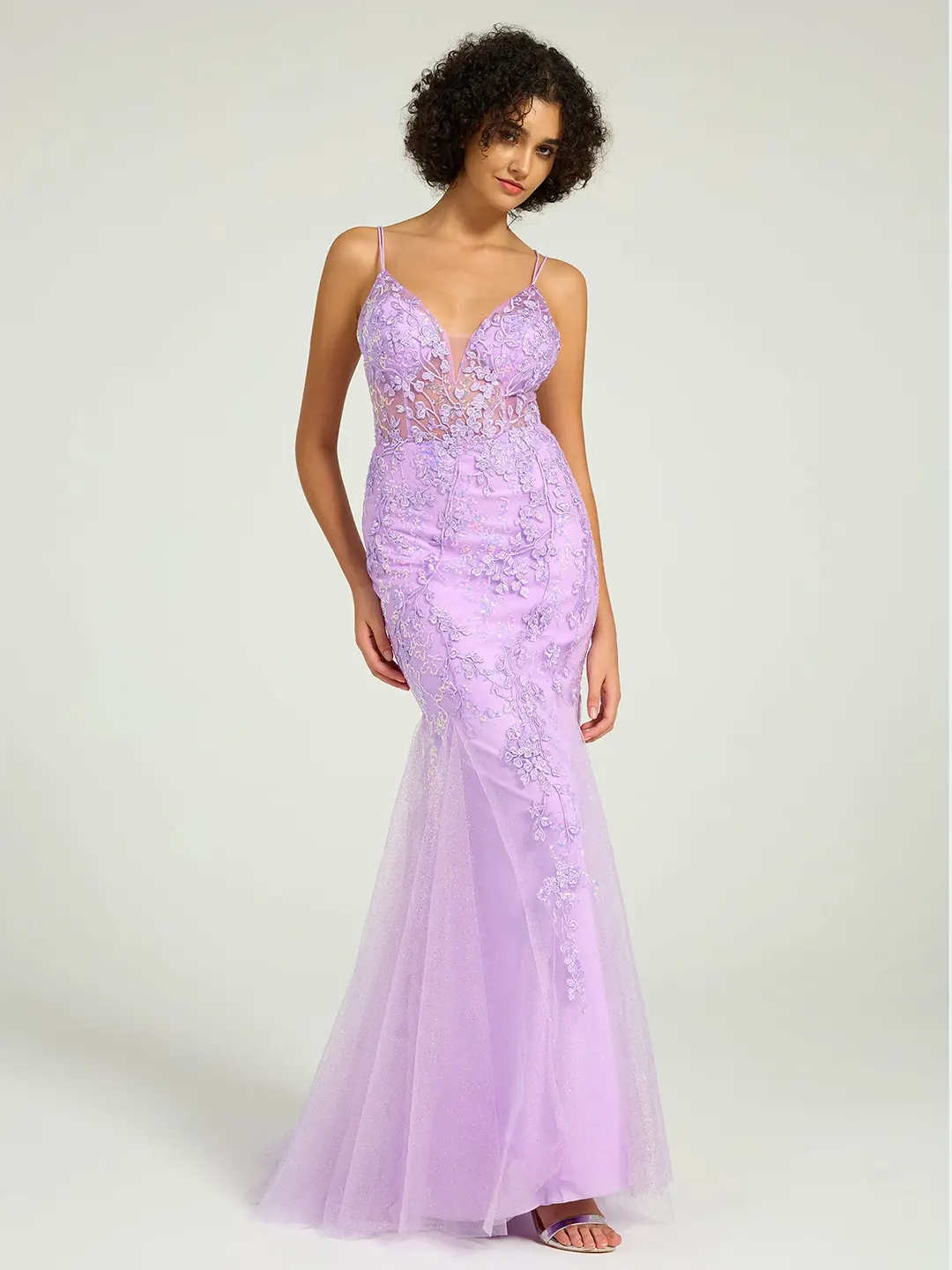 V-Neck Lace-Up Mermaid Tulle Maxi Formal Prom Dress with Sequin Lace