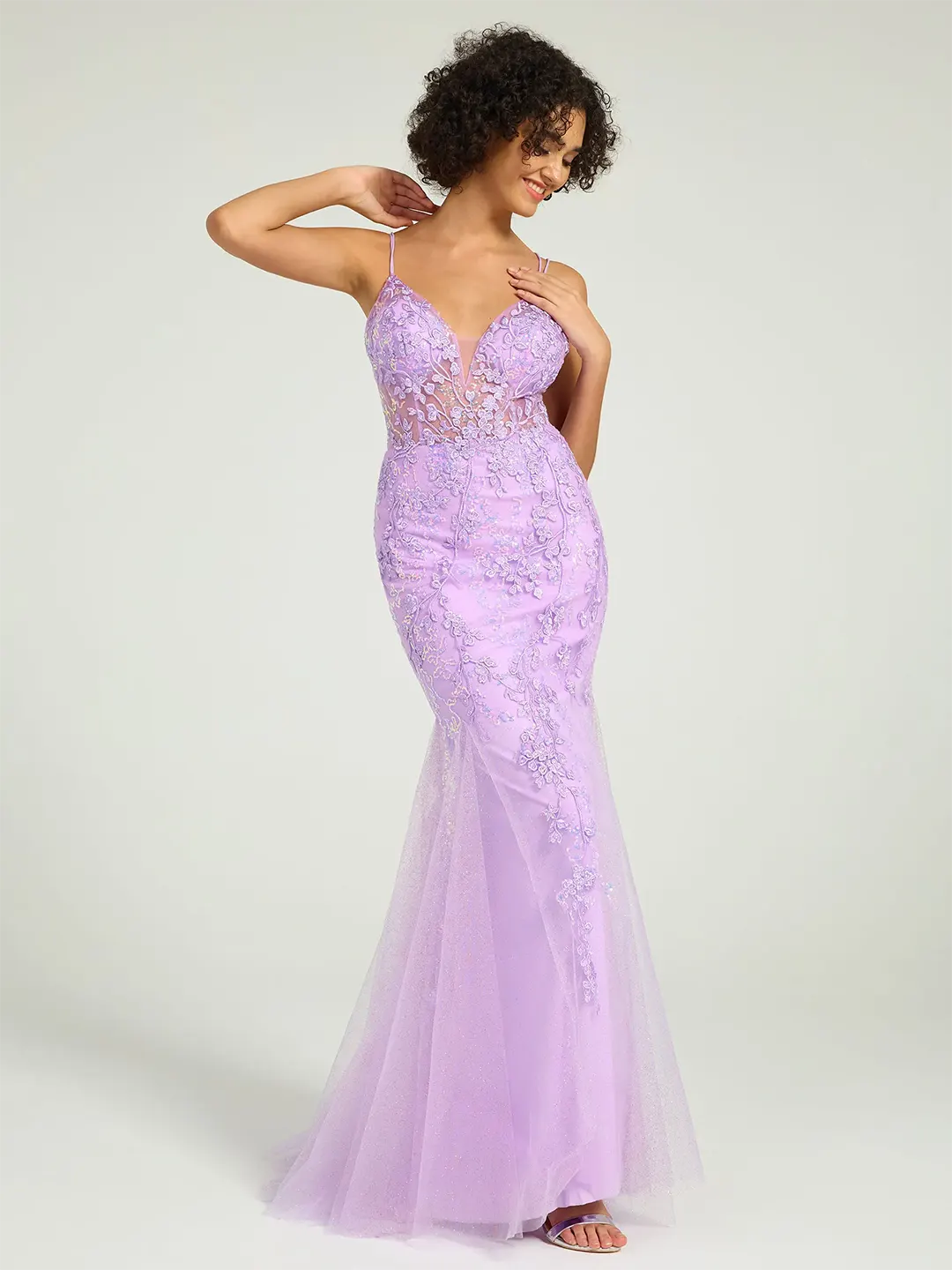 V-Neck Lace-Up Mermaid Tulle Maxi Formal Prom Dress with Sequin Lace