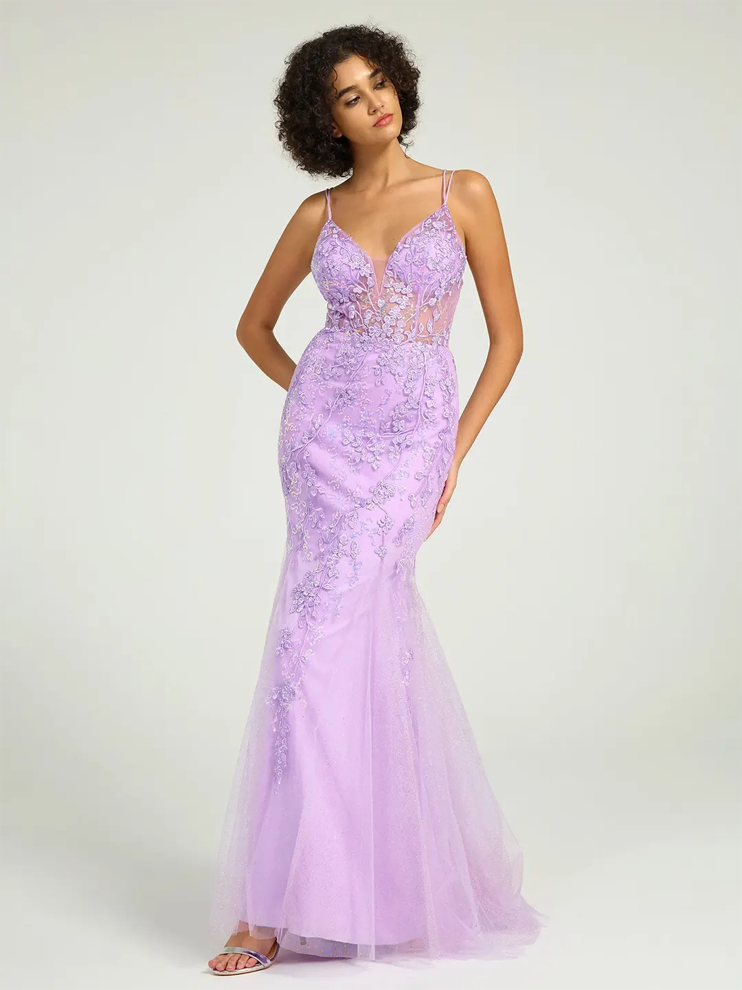 V-Neck Lace-Up Mermaid Tulle Maxi Formal Prom Dress with Sequin Lace