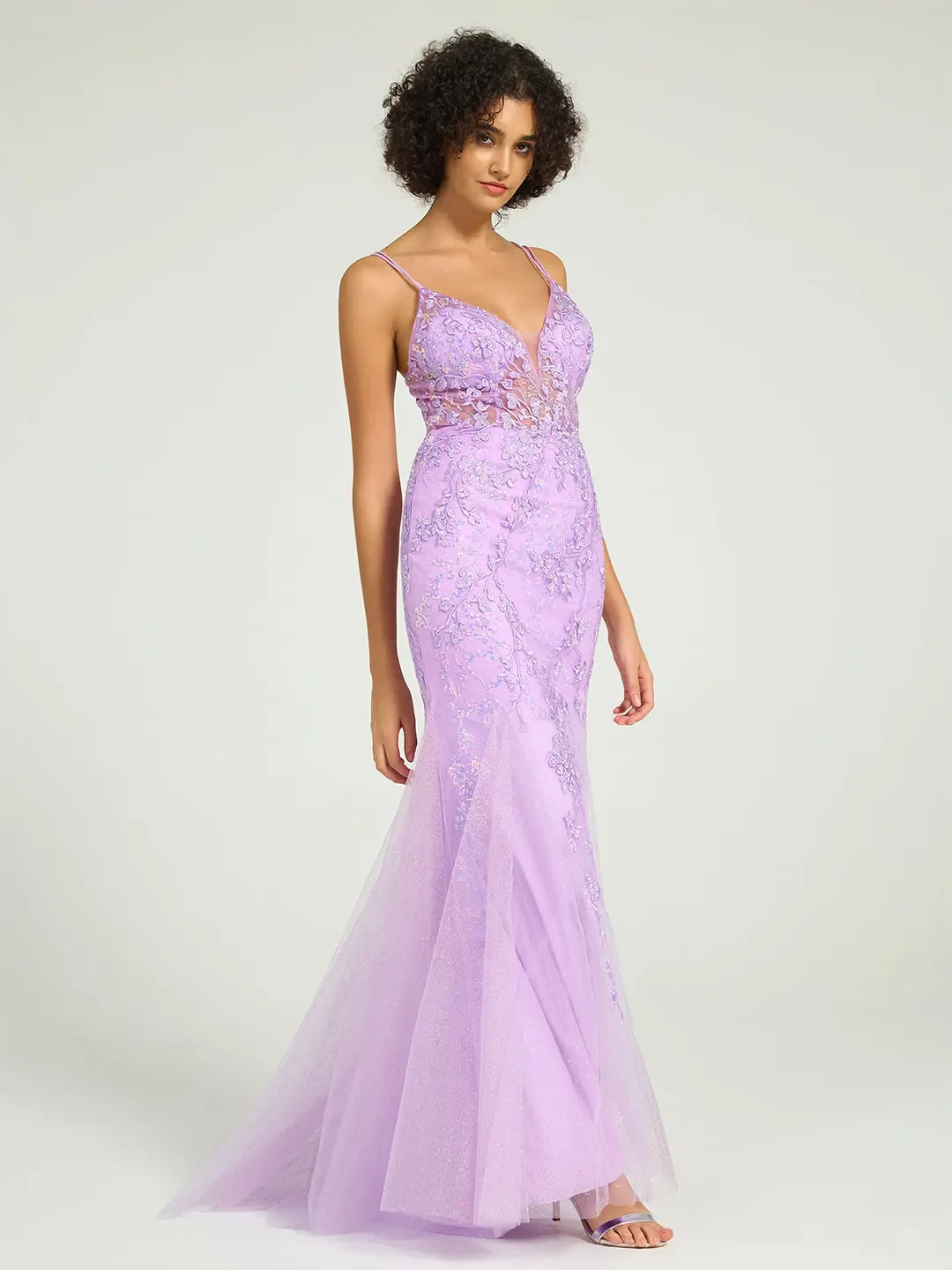 V-Neck Lace-Up Mermaid Tulle Maxi Formal Prom Dress with Sequin Lace