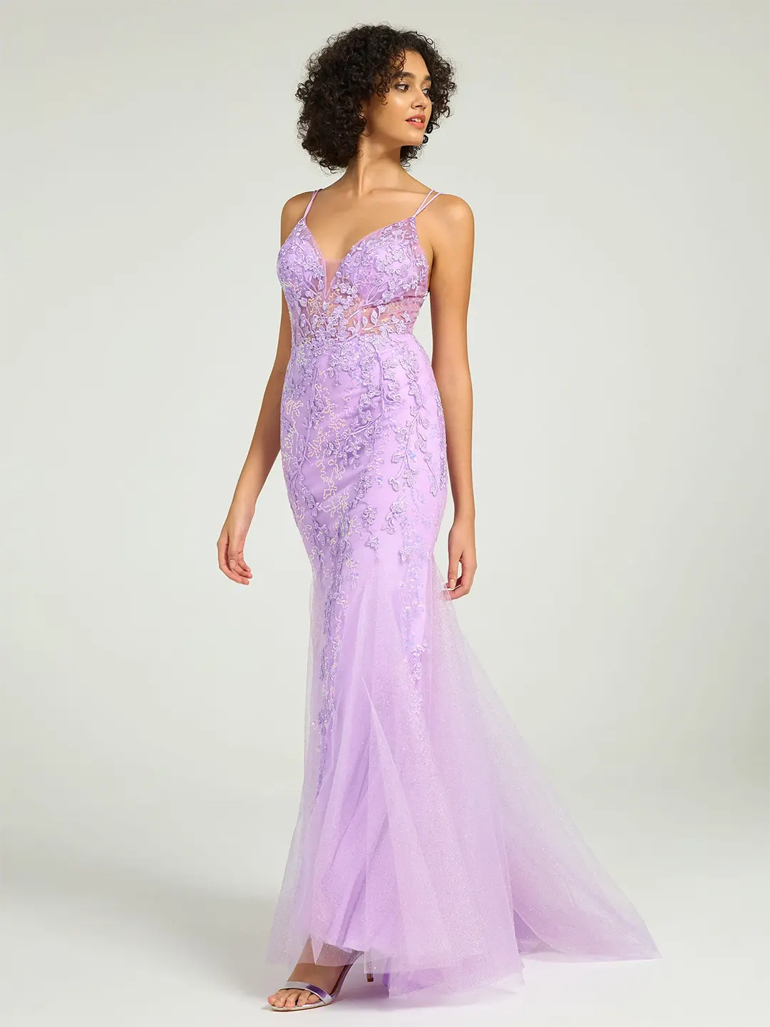 V-Neck Lace-Up Mermaid Tulle Maxi Formal Prom Dress with Sequin Lace