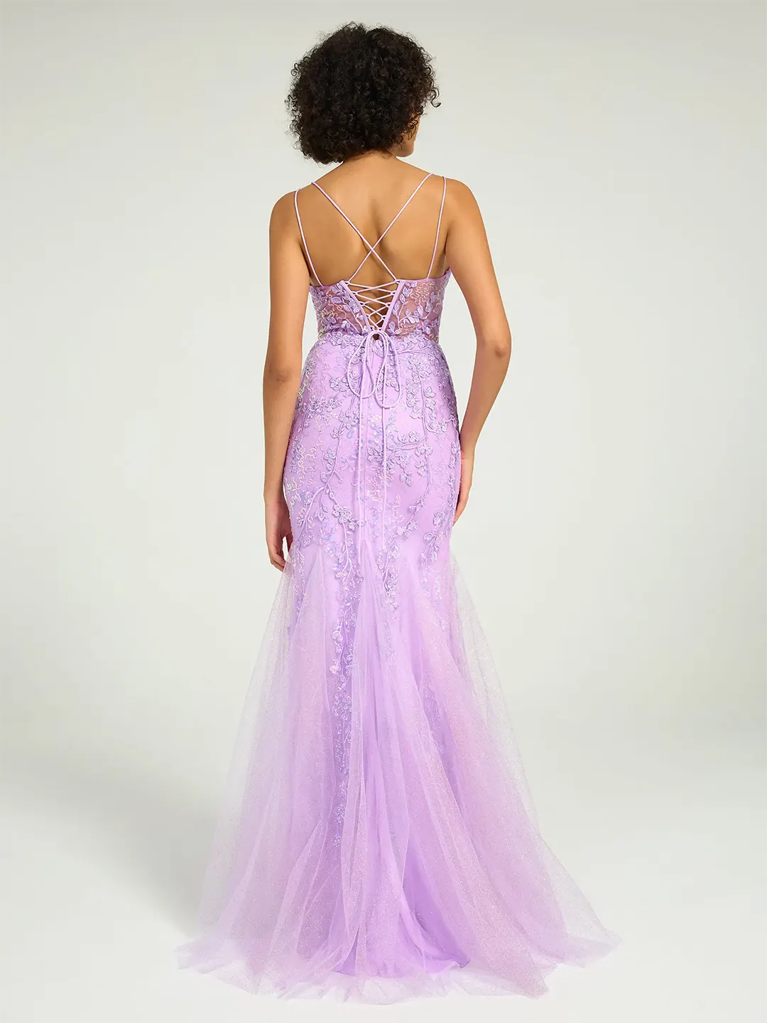 V-Neck Lace-Up Mermaid Tulle Maxi Formal Prom Dress with Sequin Lace