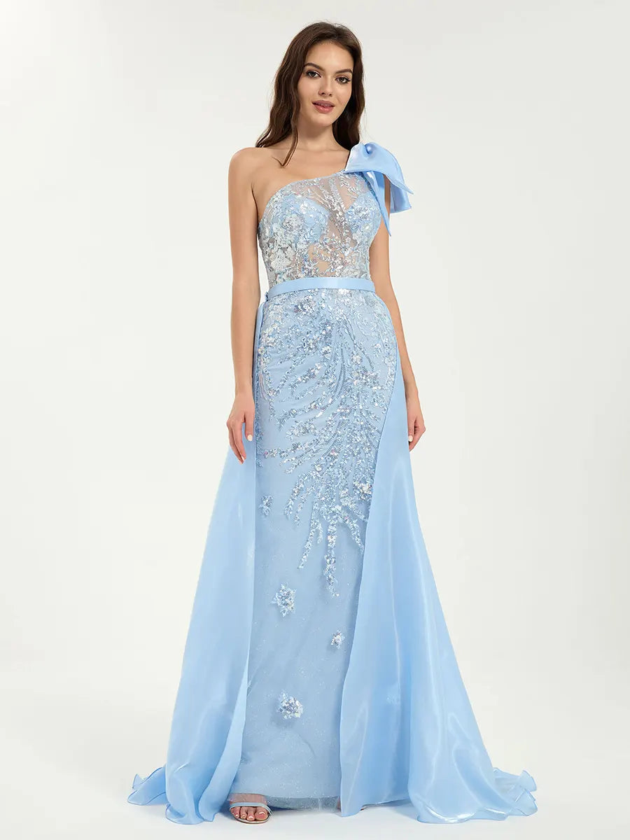 One Shoulder Glitter Sequin Mermaid Dress with Sheer Bodice & Removable Train
