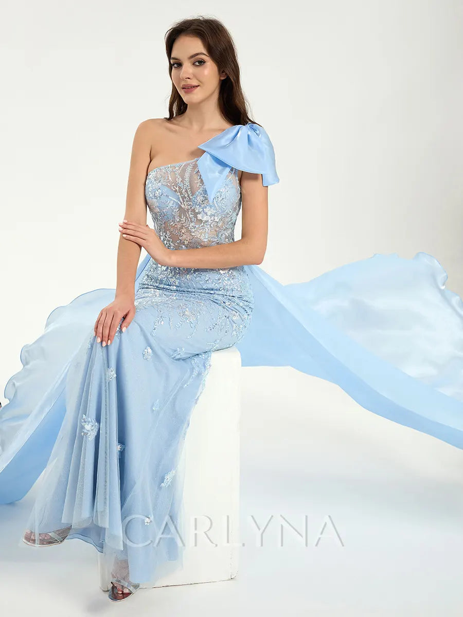 One Shoulder Glitter Sequin Mermaid Dress with Sheer Bodice & Removable Train