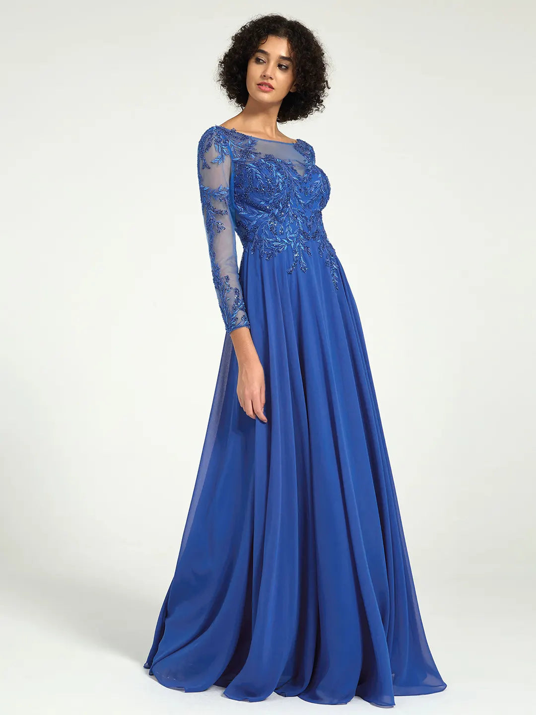 Carlyna Long-Sleeve Mother of the Bride Gown with Lace Embroidery & Sequin Accents
