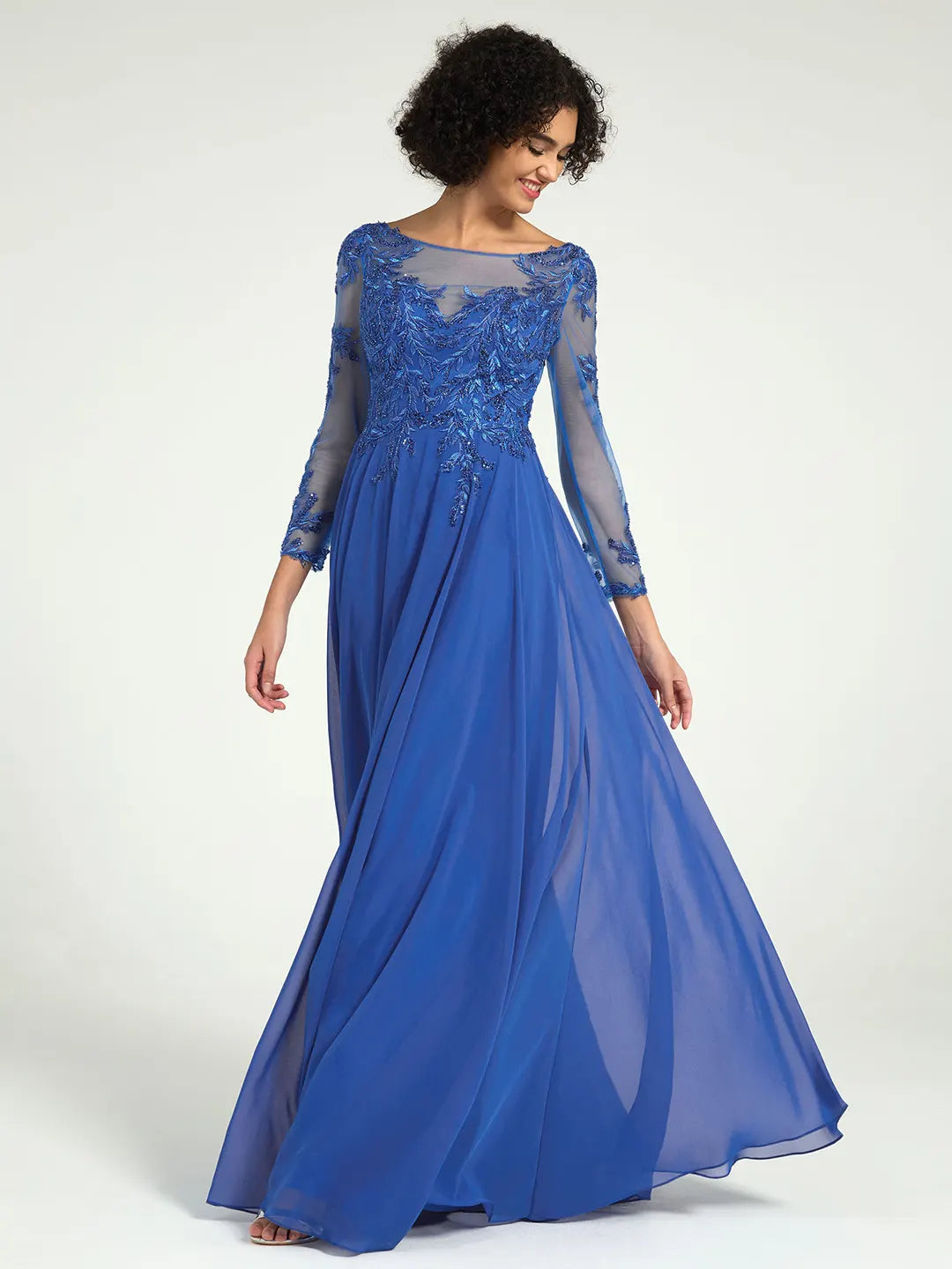 Carlyna Long-Sleeve Mother of the Bride Gown with Lace Embroidery & Sequin Accents
