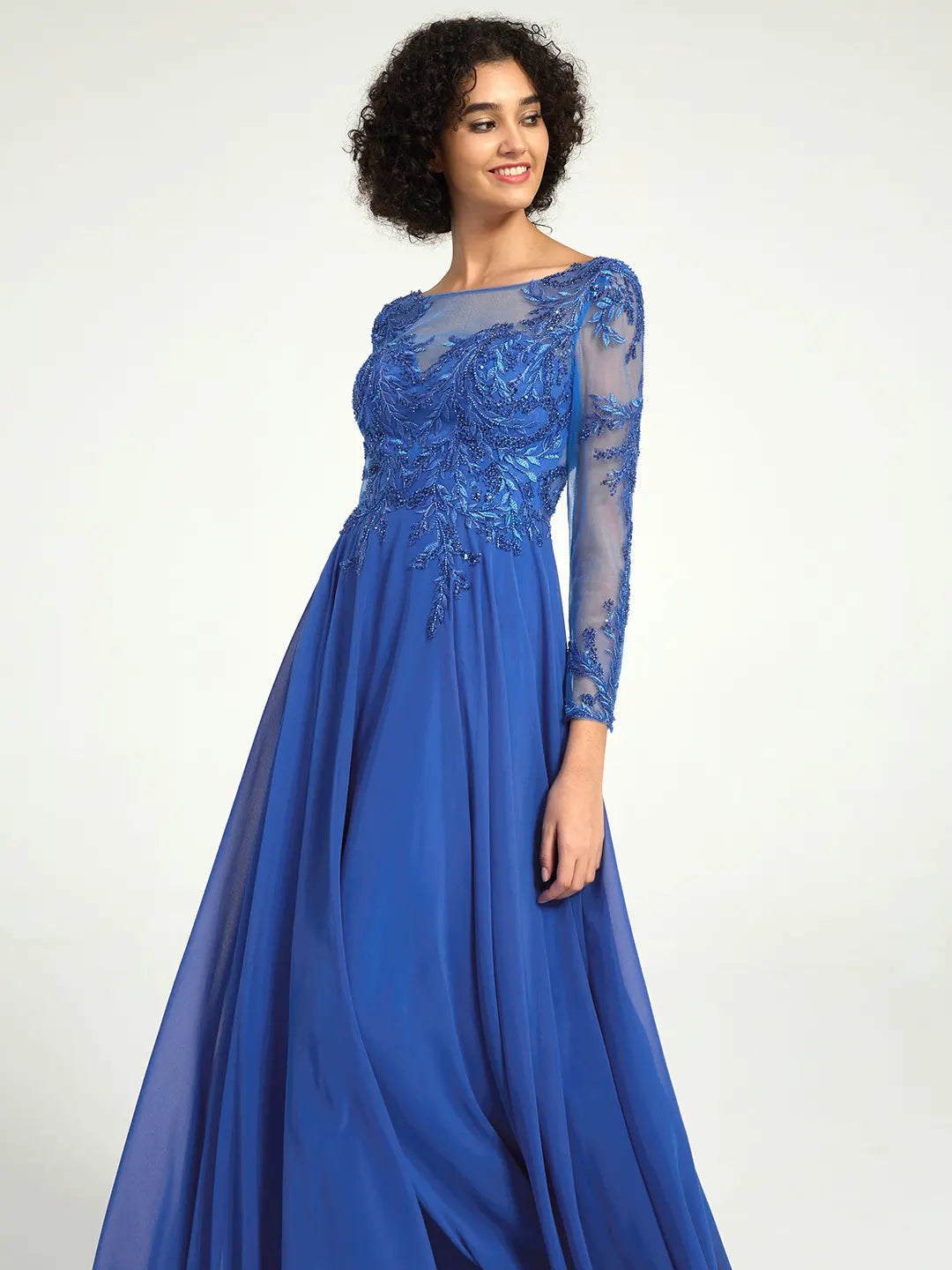 Carlyna Long-Sleeve Mother of the Bride Gown with Lace Embroidery & Sequin Accents