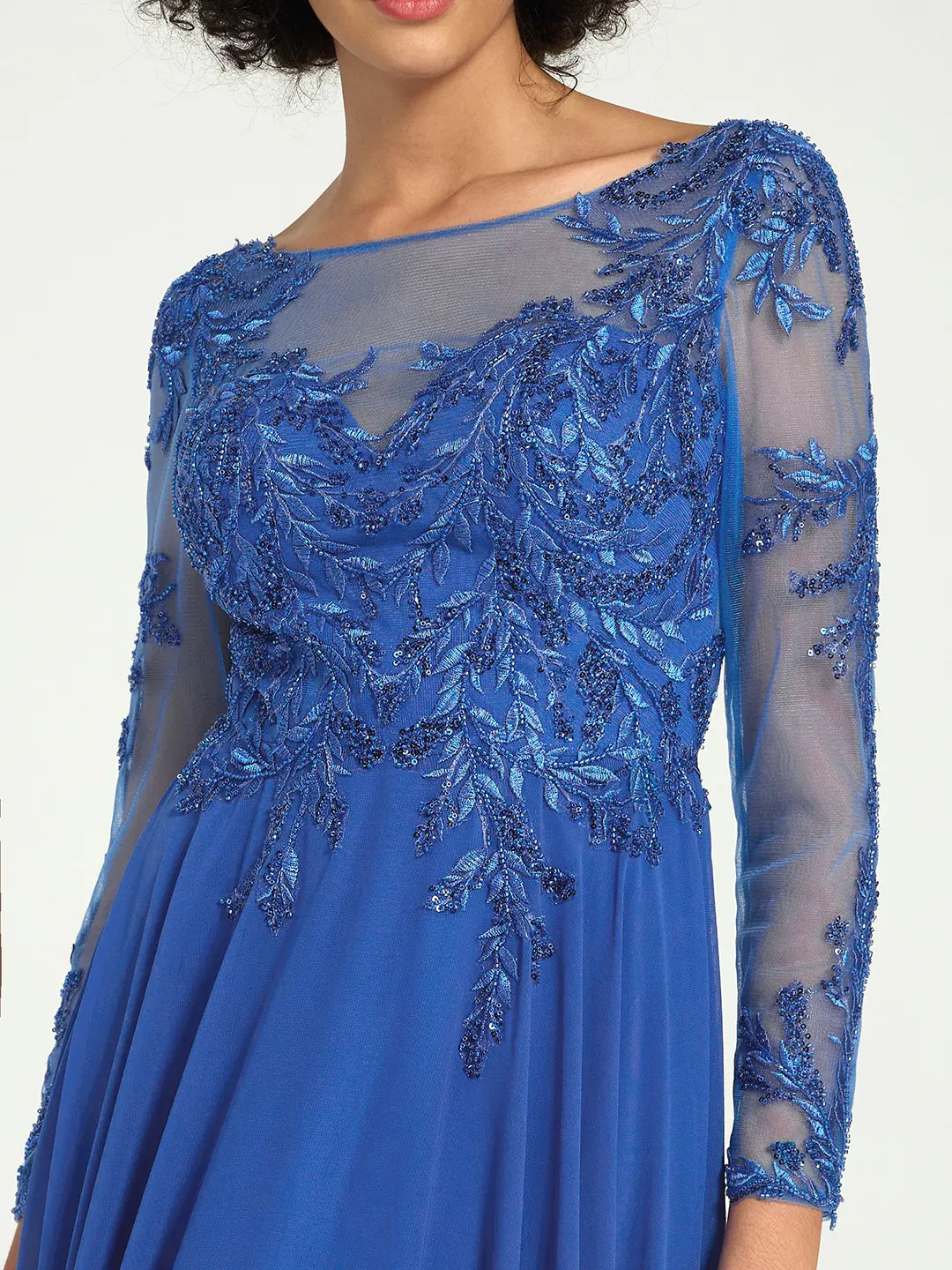 Carlyna Long-Sleeve Mother of the Bride Gown with Lace Embroidery & Sequin Accents