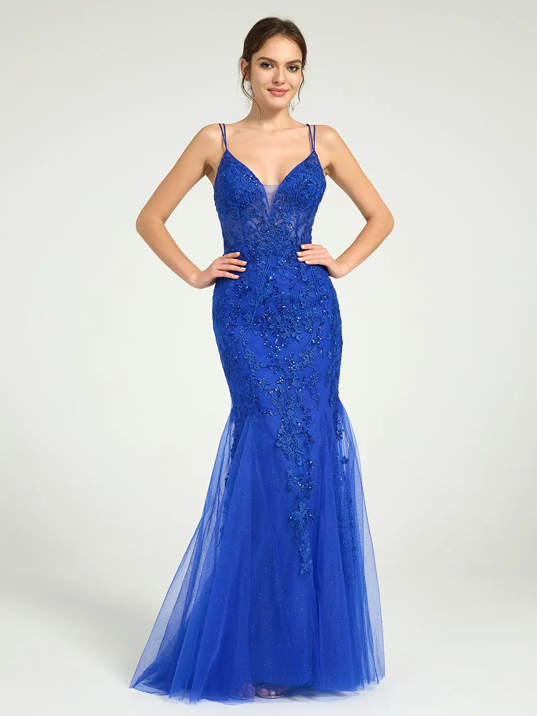 V-Neck Lace-Up Mermaid Tulle Maxi Formal Prom Dress with Sequin Lace