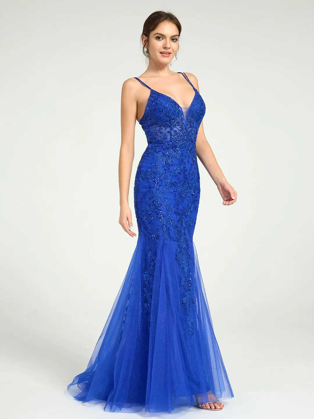 V-Neck Lace-Up Mermaid Tulle Maxi Formal Prom Dress with Sequin Lace