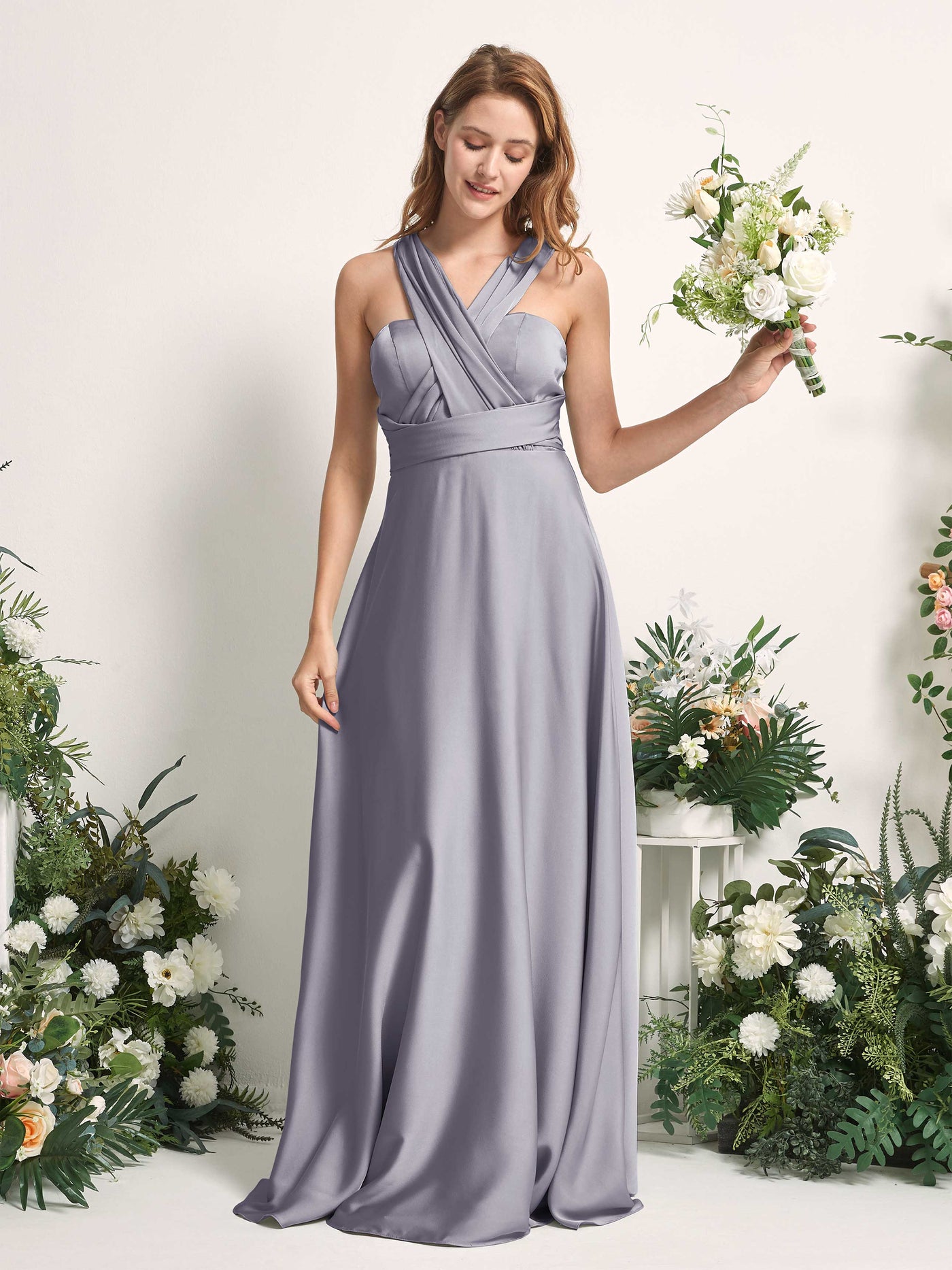 Purple Haze Bridesmaid Dresses Bridesmaid Dress A-line Satin Halter Full Length Short Sleeves Wedding Party Dress (81226450)#color_purple-haze