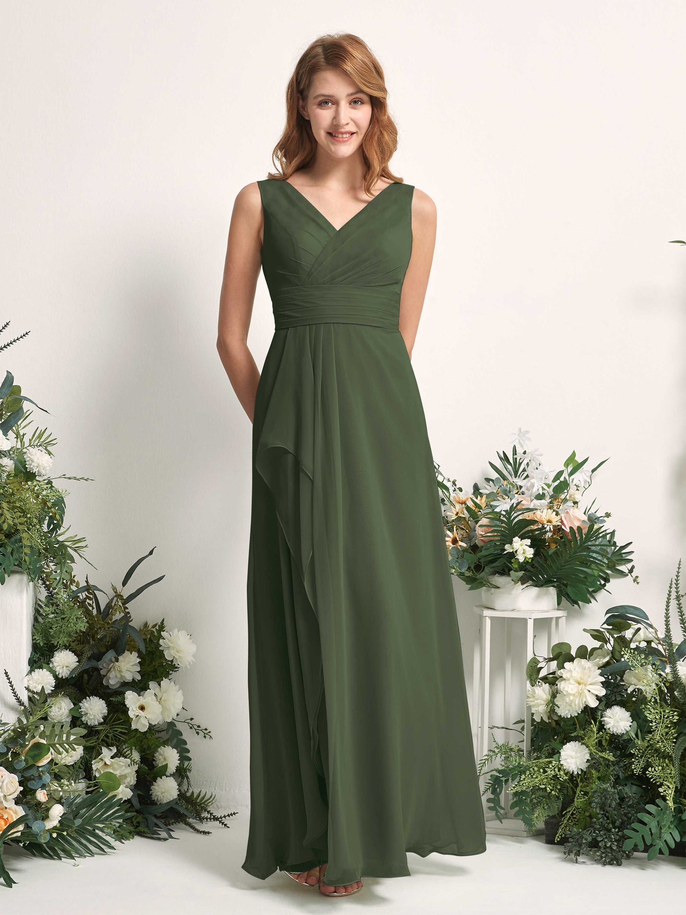 Bridesmaid Dress A-line Chiffon V-neck Full Length Sleeveless Wedding Party Dress - Martini Olive (81227107)#color_martini-olive