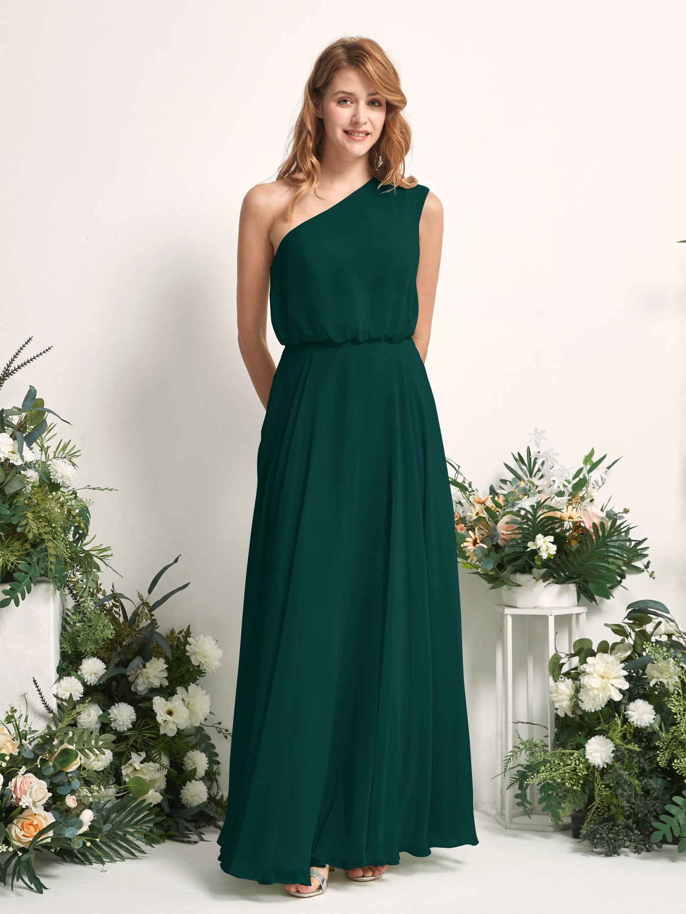 Bridesmaid Dress A-line Chiffon One Shoulder Full Length Sleeveless Wedding Party Dress - Dark Emerald (81226817)#color_dark-emerald