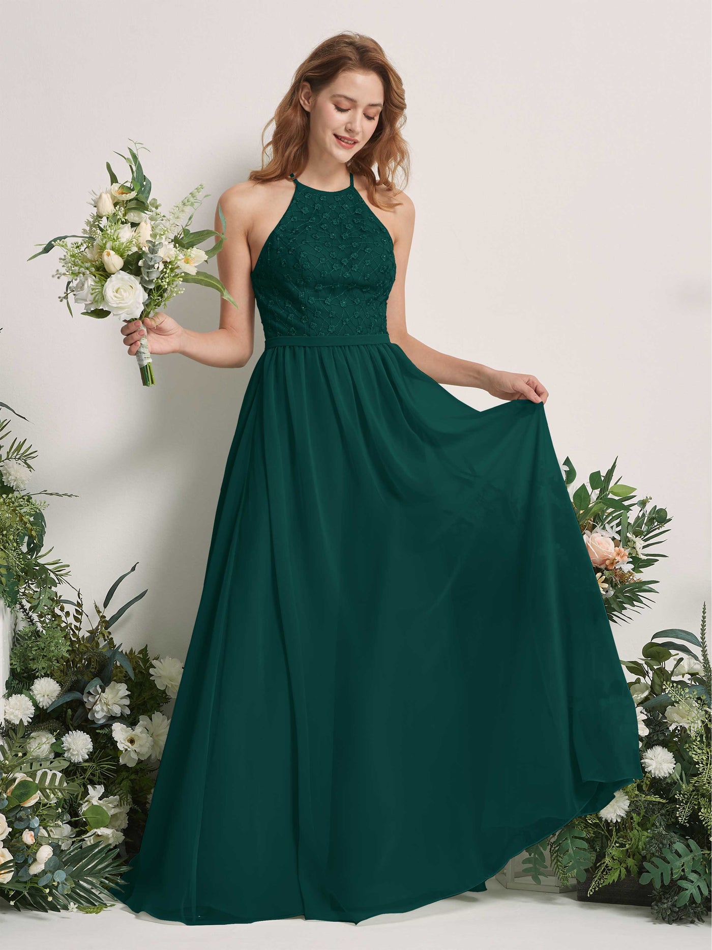 Dark Emerald Bridesmaid Dresses A-line Halter Sleeveless Chiffon Dresses (83220817)#color_dark-emerald