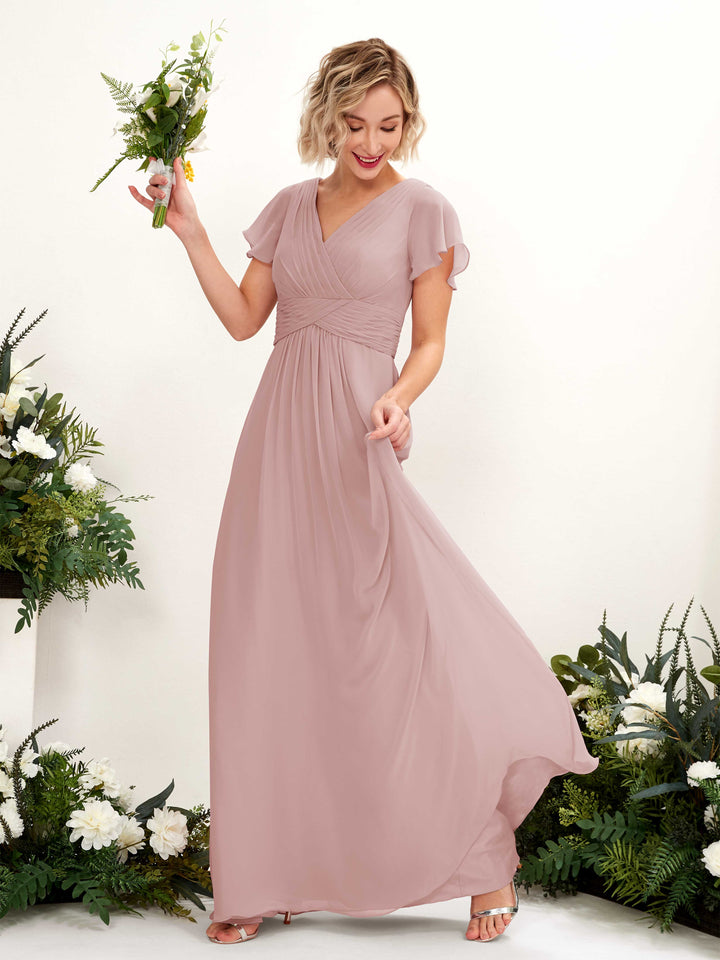 Carlyna Tolly A-Line Dusty Rose Bridesmaid Dress Maxi Cap Sleeve V-Neck Dress 