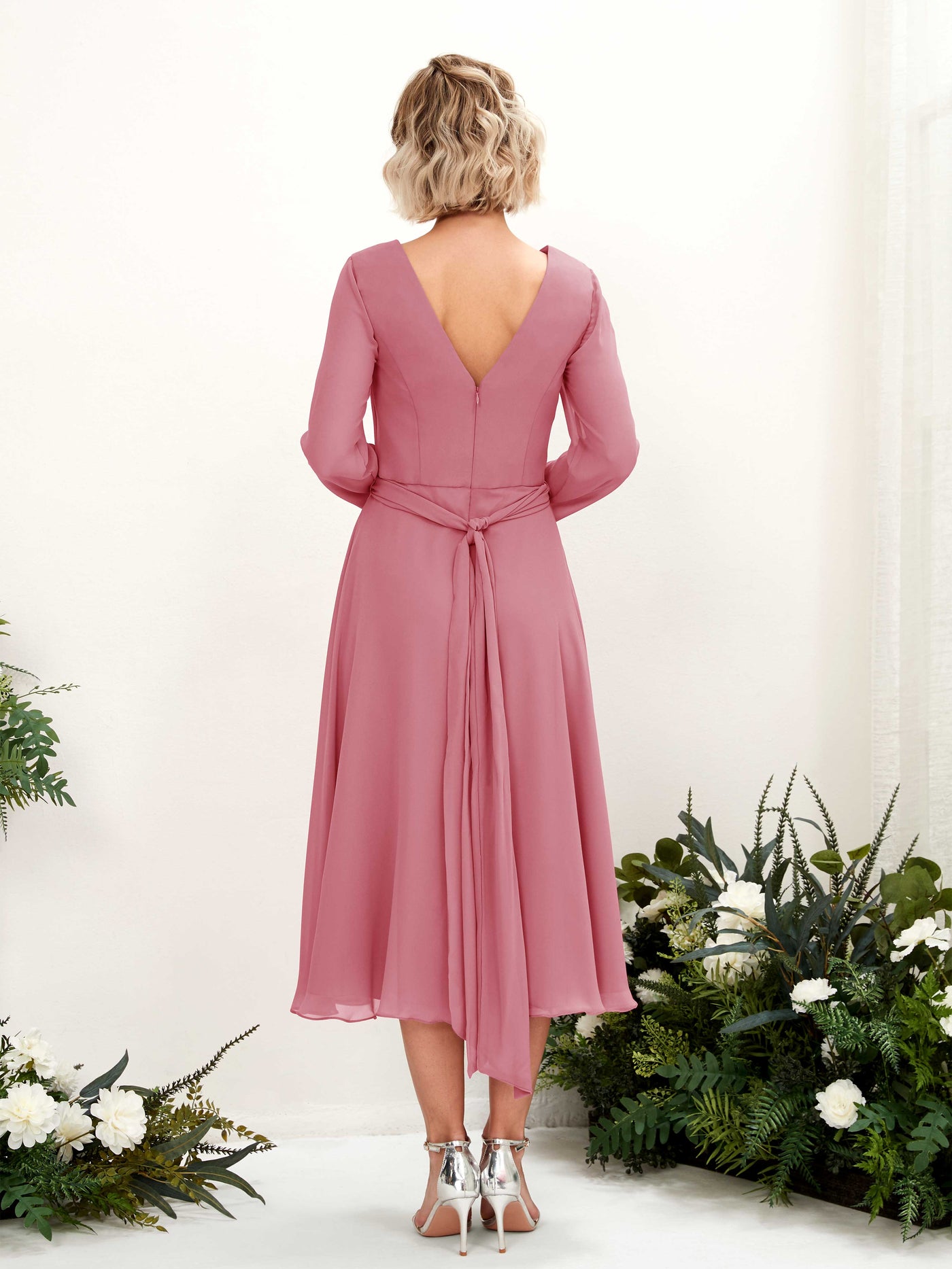 Carlyna Joanna A-Line Desert Rose Bridesmaid Dress Midi Long Sleeve V-Neck  #color_desert-rose