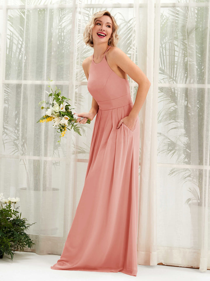 A-line Ball Gown Halter Spaghetti-straps Sleeveless Bridesmaid Dress - Champagne Rose (81225206)