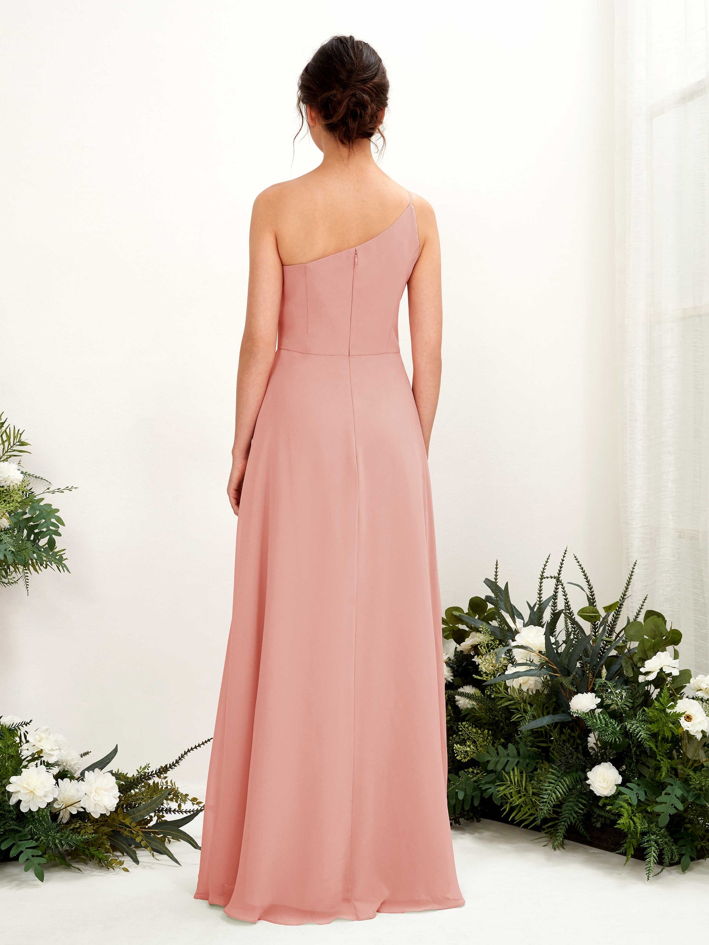 Carlyna Crystal A-Line Champagne Rose Bridesmaid Dress Maxi Sleeveless One Shoulder Dress #color_champagne-rose