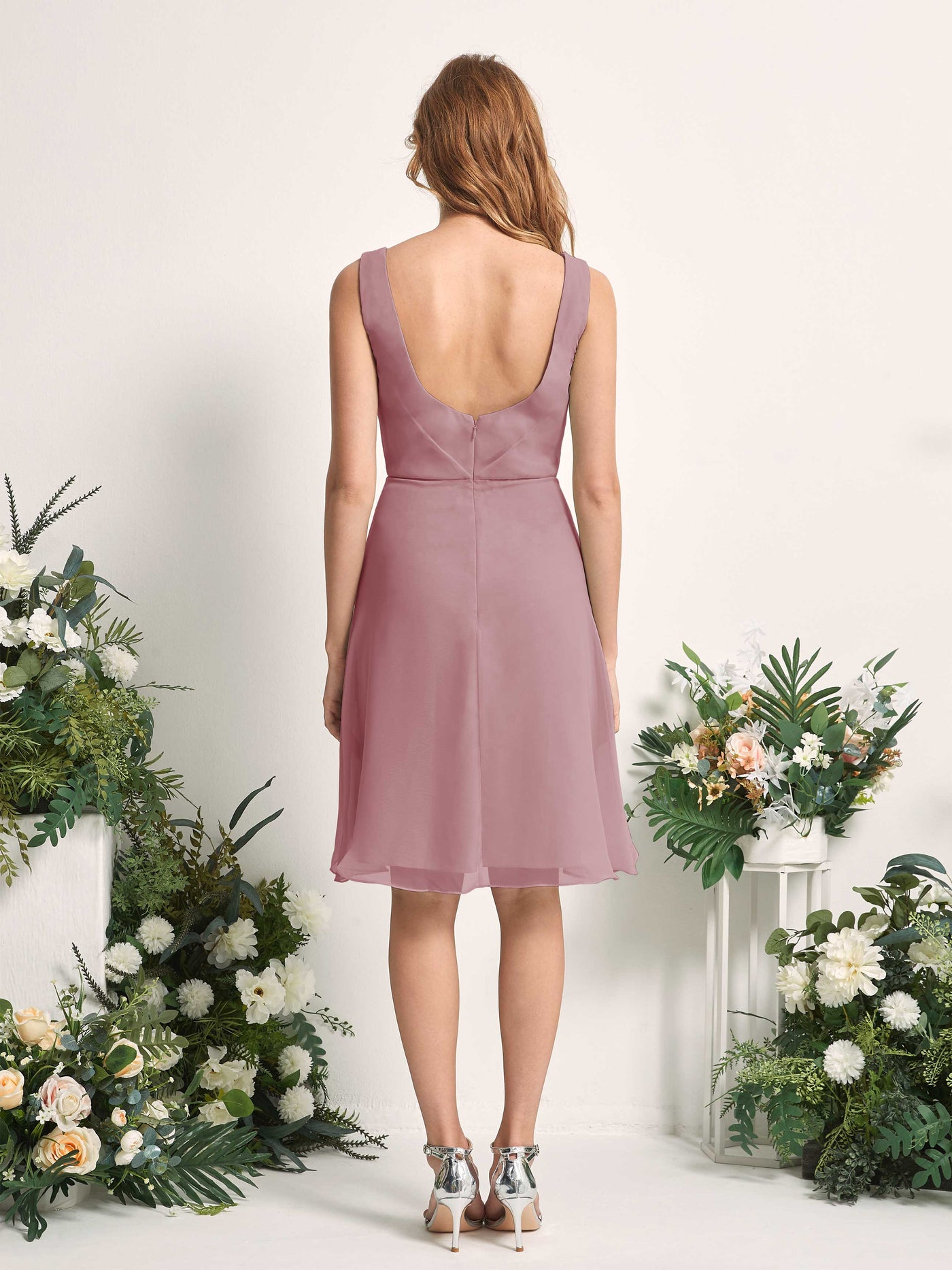 Bridesmaid Dress A-line Chiffon Straps Knee Length Sleeveless Wedding Party Dress - Vintage Mauve (81226601)#color_vintage-mauve