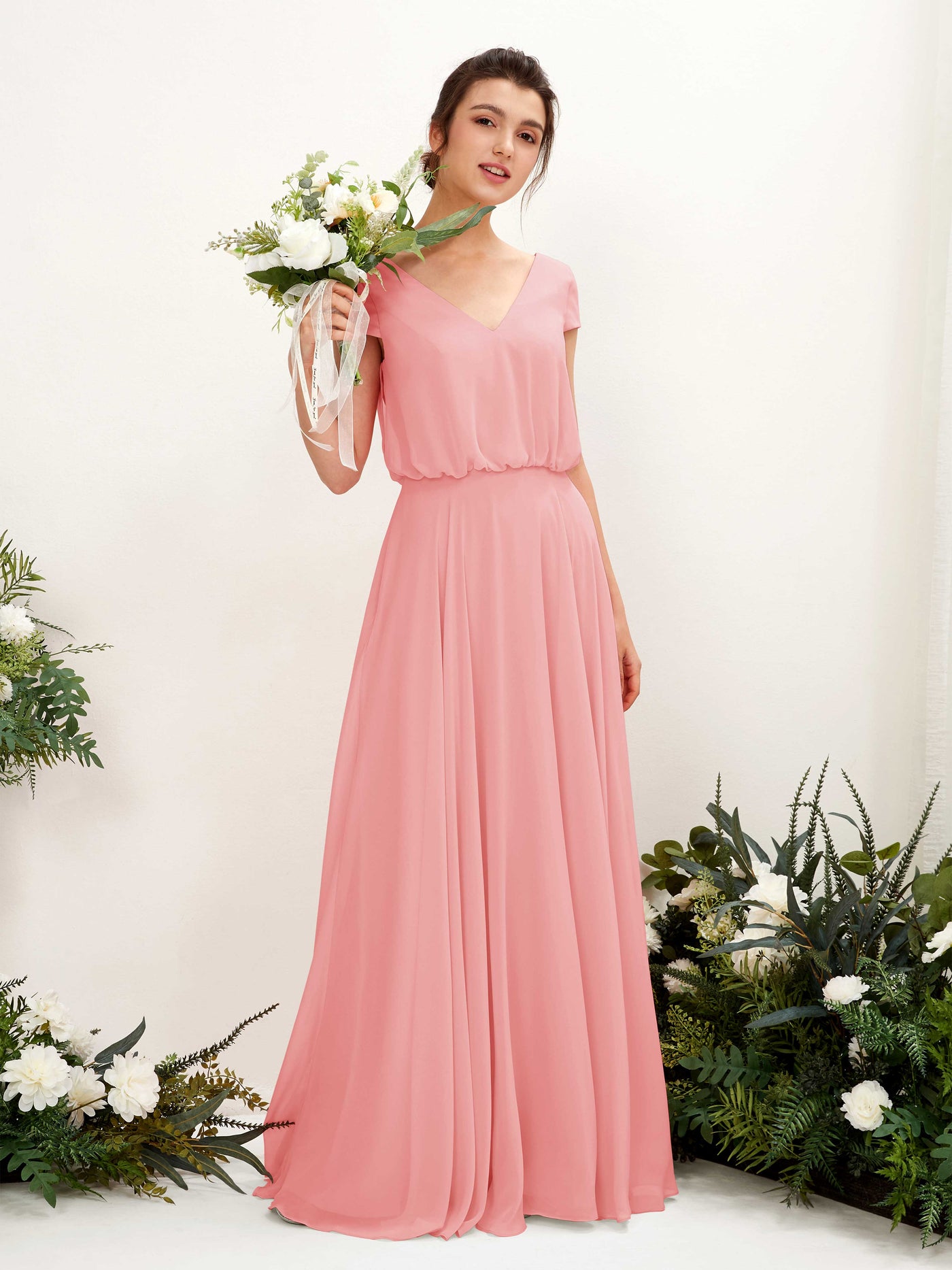 Carlyna Pauline A-Line Ballet Pink Bridesmaid Dress Maxi Cap Sleeve V-Neck Dress #color_ballet-pink