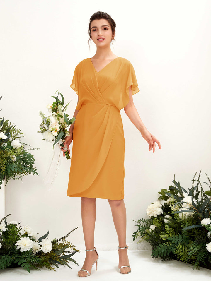 V-neck Short Sleeves Chiffon Bridesmaid Dress - Mango (81222202)