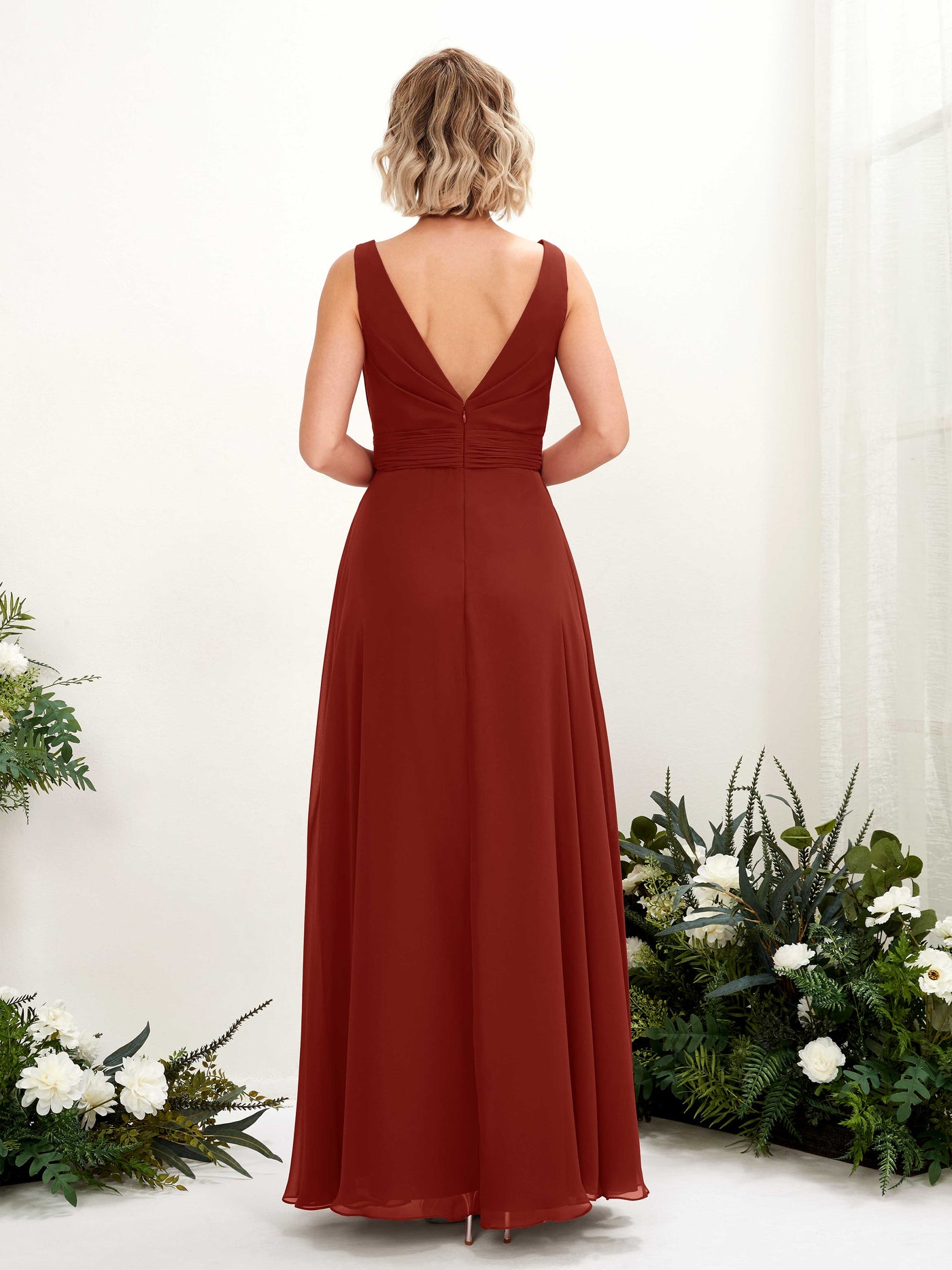 Carlyna Brianna A-Line Rust Bridesmaid Dress Maxi Sleeveless Boat Neck Dress #color_rust