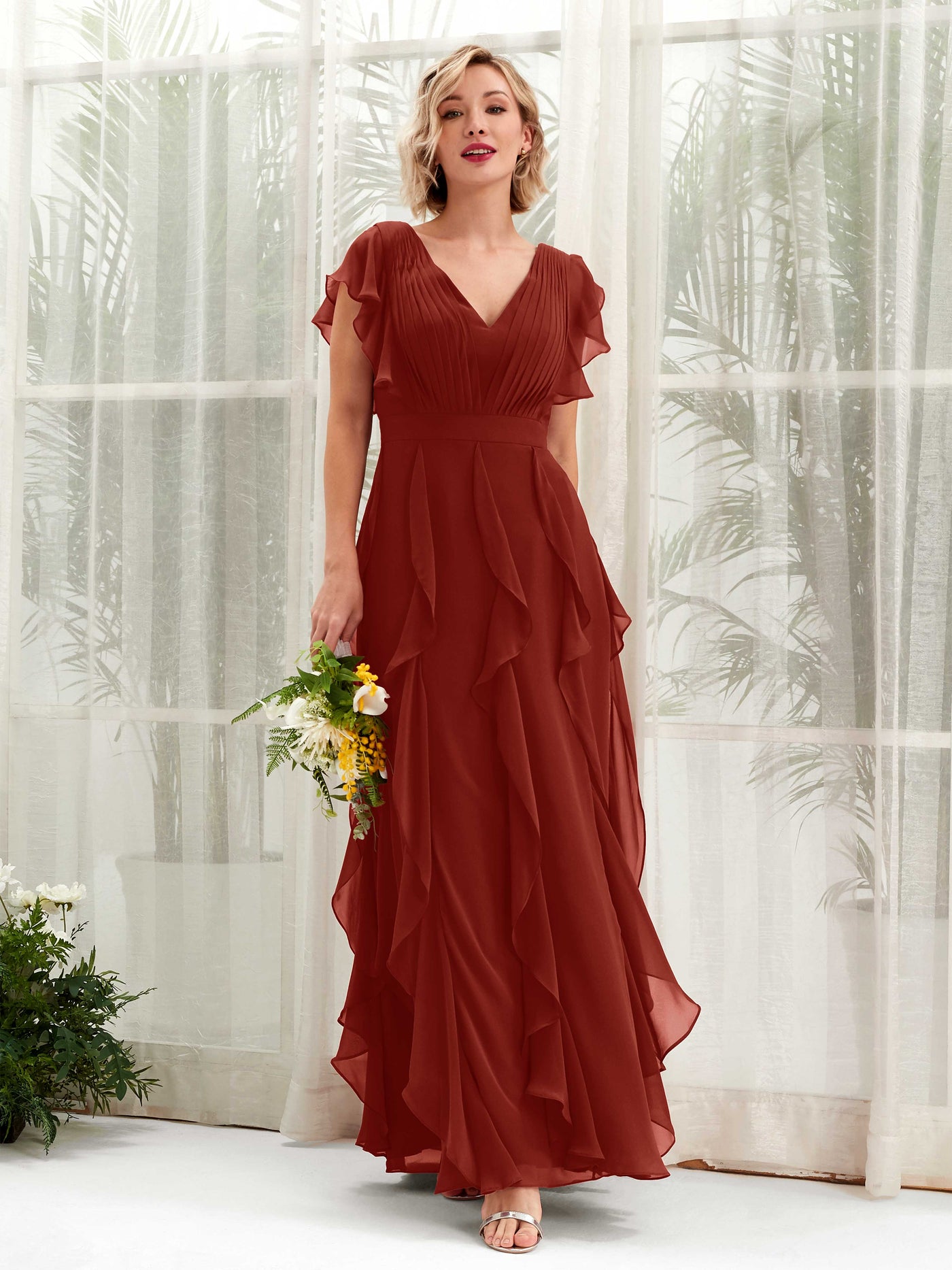 Carlyna Cynthia A-Line Rust Bridesmaid Dress Maxi Cap Sleeve V-Neck Dress #color_rust