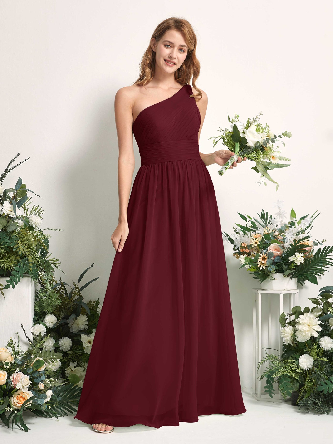 Bridesmaid Dress A-line Chiffon One Shoulder Full Length Sleeveless Wedding Party Dress - Burgundy (81226712)#color_burgundy