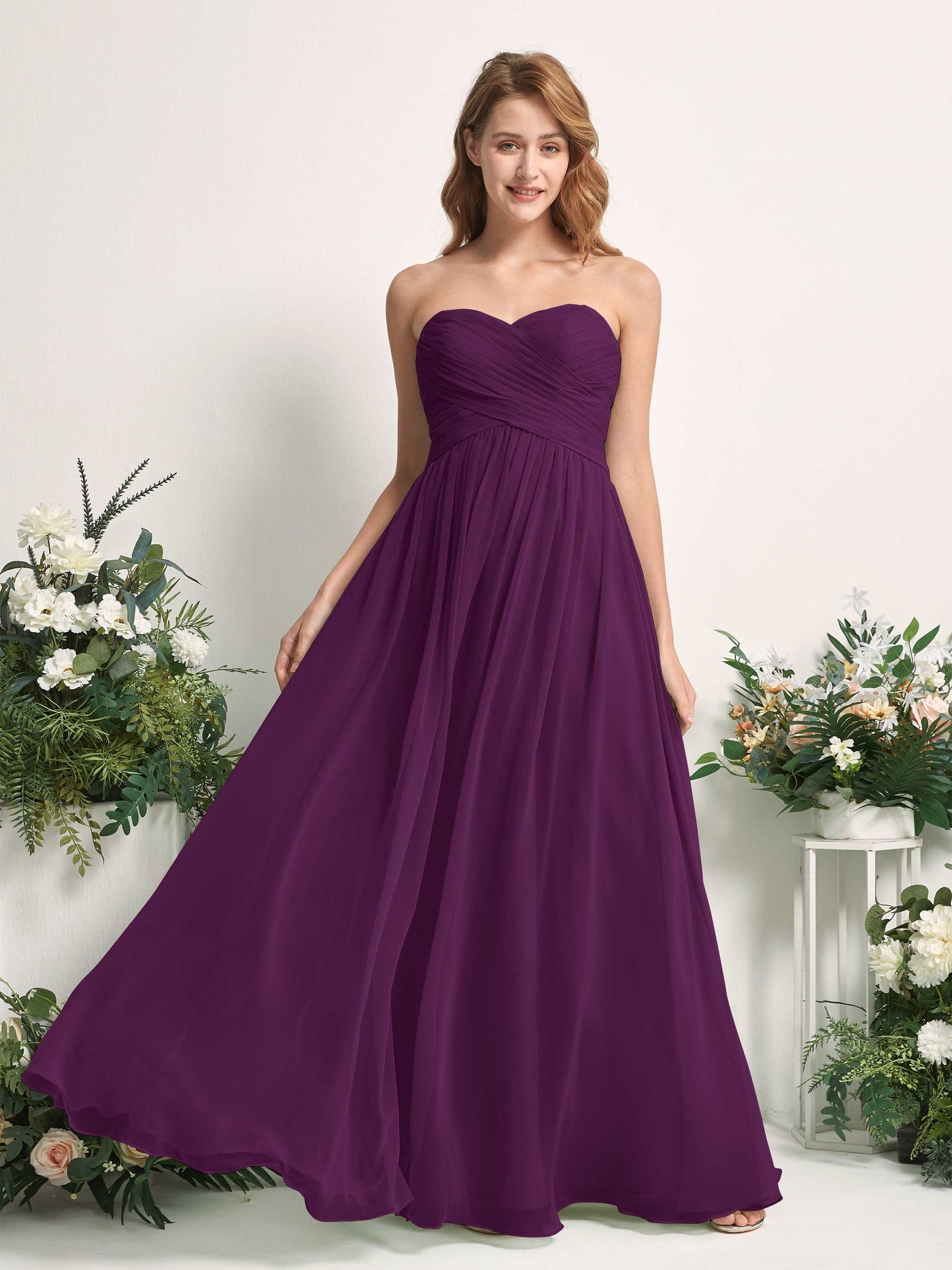 Bridesmaid Dress A-line Chiffon Sweetheart Full Length Sleeveless Wedding Party Dress - Grape (81226931)#color_grape