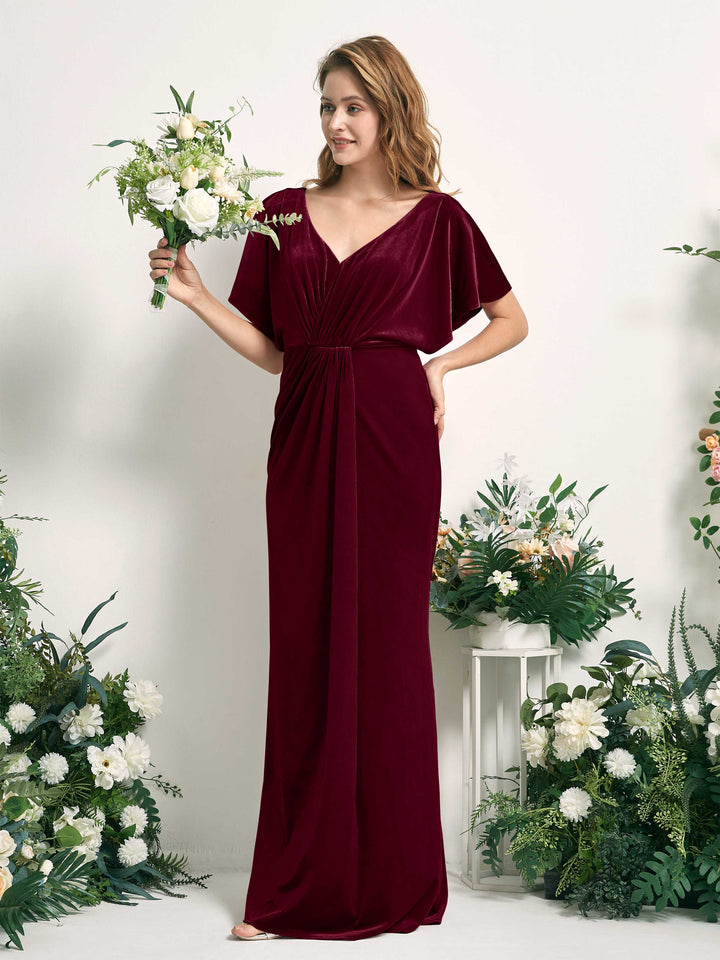 Burgundy Bridesmaid Dresses Mermaid/Trumpet V-neck Short Sleeves Velvet Dresses (82220313)