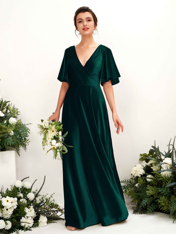 Carlyna Janet A-Line Hunter Green Velvet Bridesmaid Dress Maxi Short Sleeve V-Neck Dress #color_hunter-green