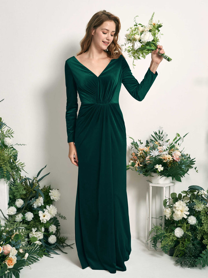 Hunter Green Bridesmaid Dresses Mermaid/Trumpet V-neck Long Sleeves Velvet Dresses (82220427)