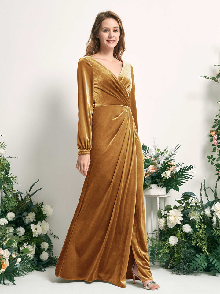 Carlyna Renata Mermaid Burnished Gold Velvet Bridesmaid Dress Maxi Long Sleeve V-Neck  