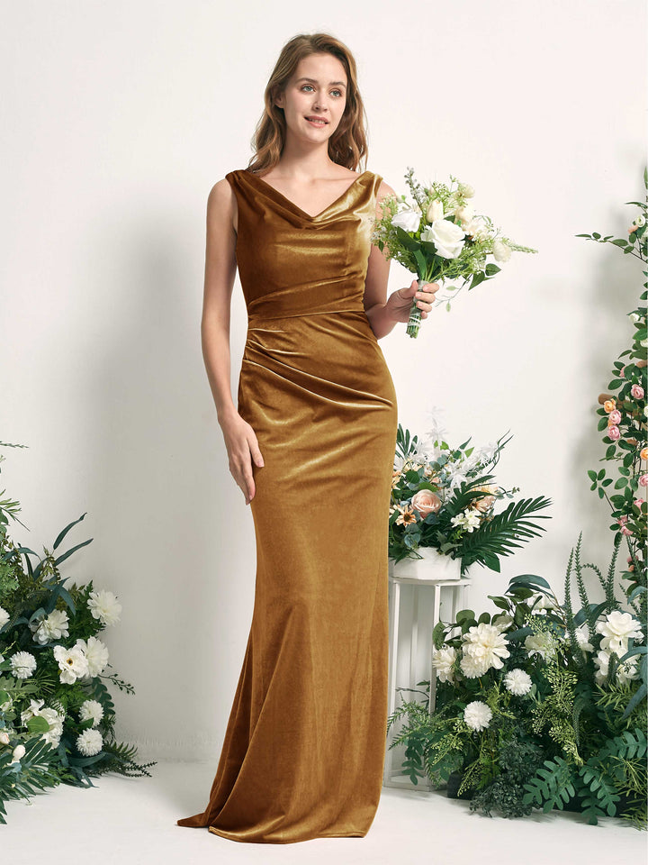 Carlyna Pearl Mermaid Burnished Gold Velvet Bridesmaid Dress Maxi Sleeveless V-Neck Dress 