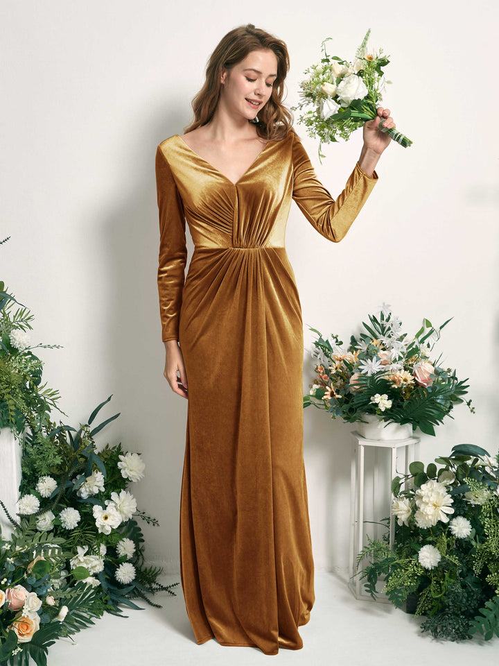 Carlyna Ophelia Mermaid Burnished Gold Velvet Bridesmaid Dress Maxi Long Sleeve V-Neck  