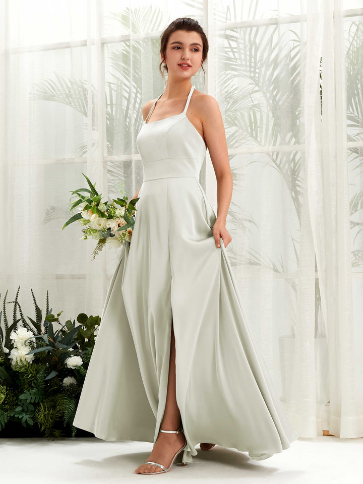 Carlyna Jocelyn A-Line Ivory Satin Bridesmaid Dress Maxi Sleeveless Halter Dress 