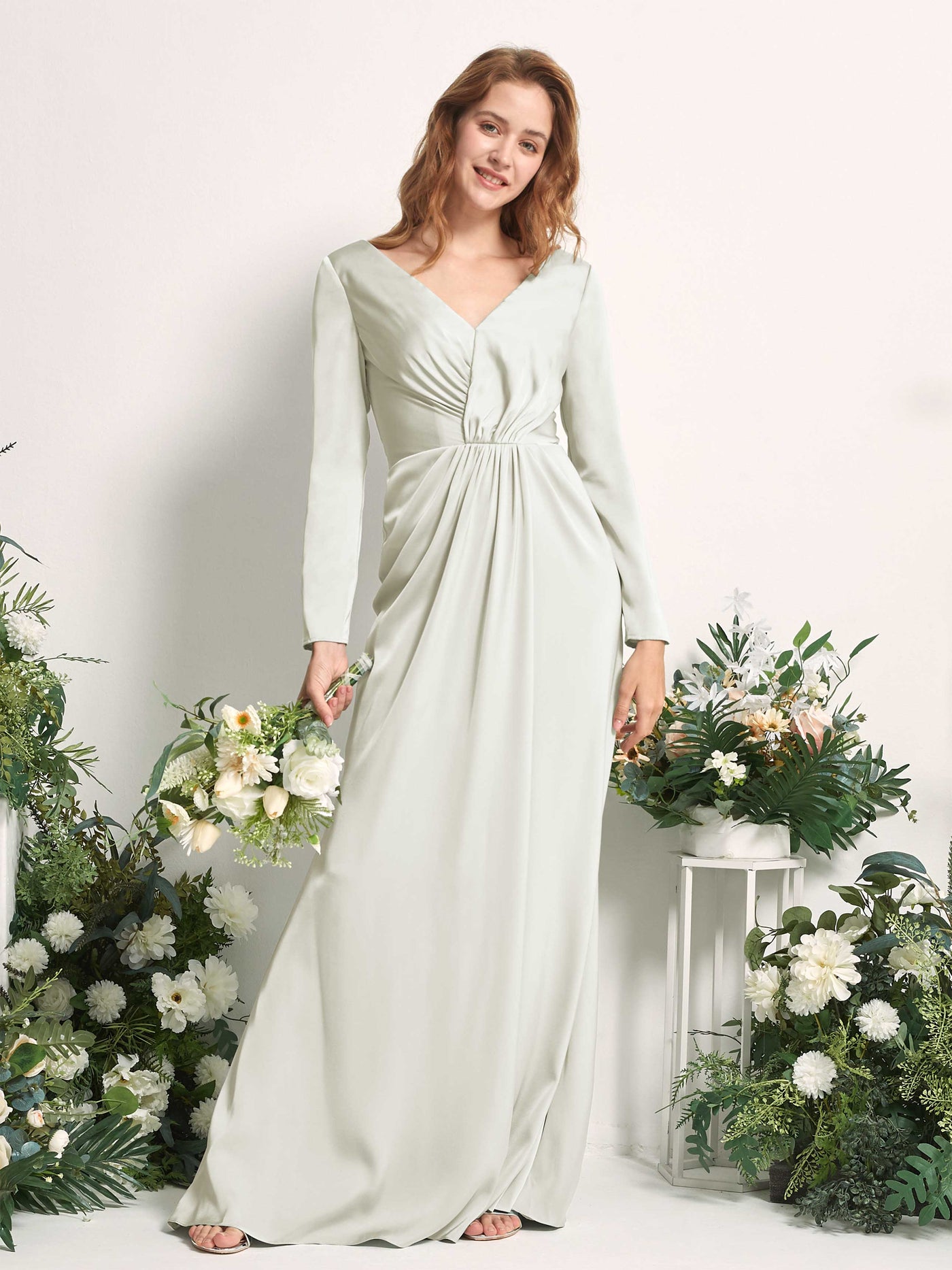 Ivory Bridesmaid Dresses Bridesmaid Dress A-line Satin V-neck Full Length Long Sleeves Wedding Party Dress (80225876)#color_ivory